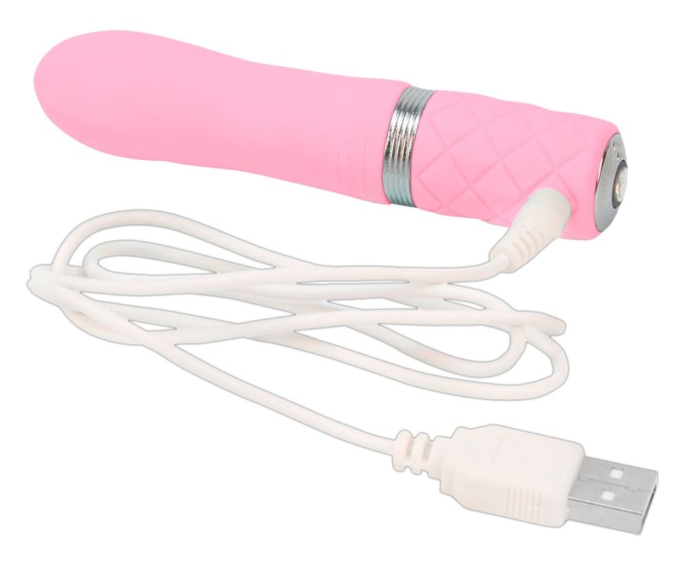 Rosa Vibrator mit USB-Ladekabel. Geriffelte Basis, silberner Ring.