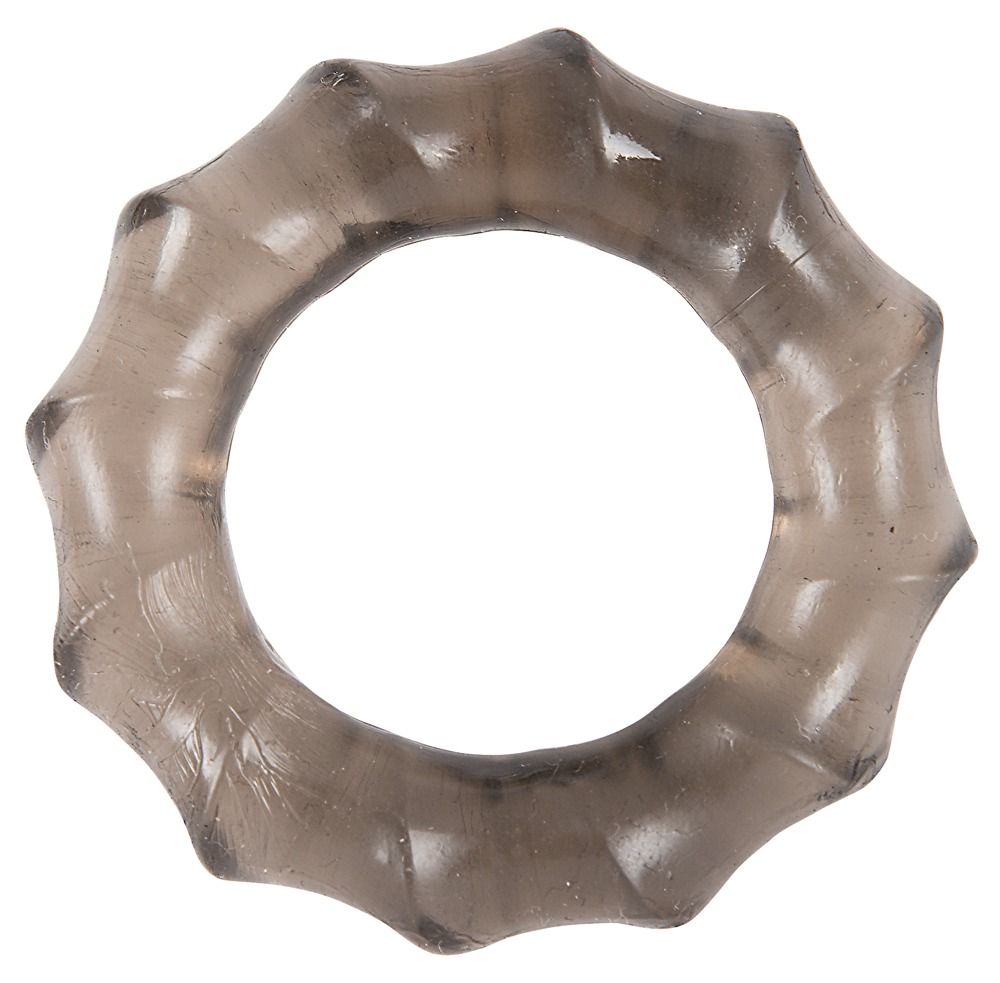 Schwarzer, flexibler Penisring mit einer wellenförmigen Oberfläche. Der Ring hat eine runde Form mit einem Loch in der Mitte.