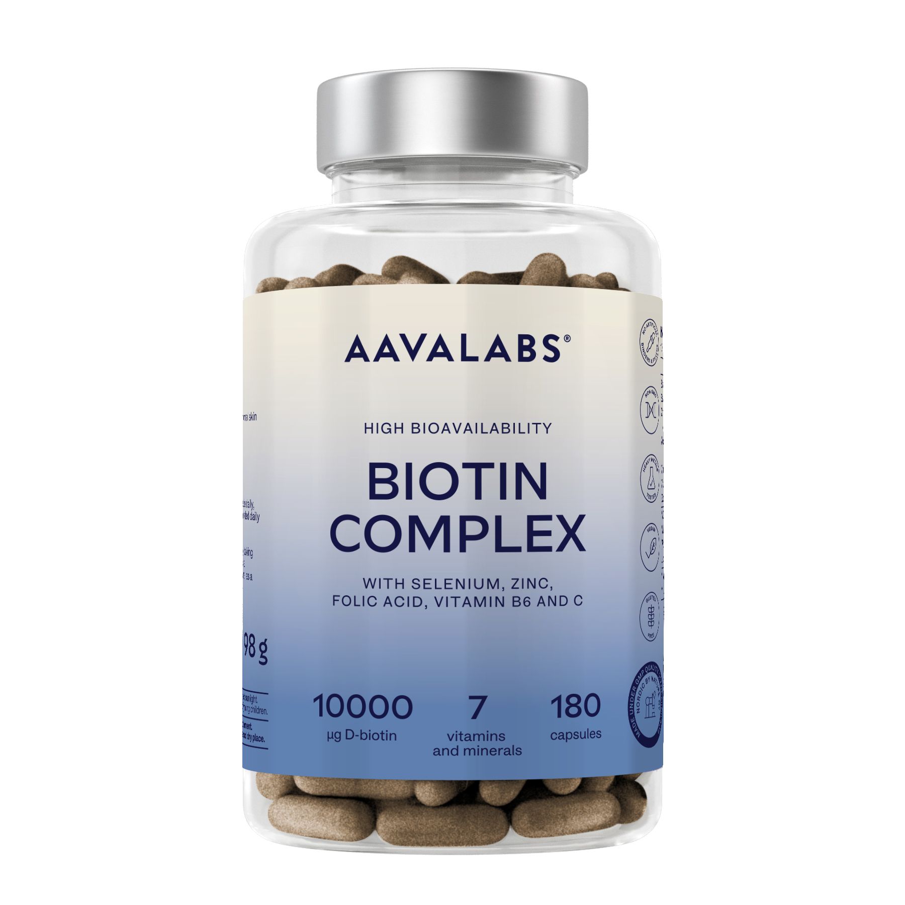 Transparente Flasche mit Kapseln. Aufschrift: AAVALABS, Biotin Komplex, 10000 µg D-Biotin, 180 Kapseln.