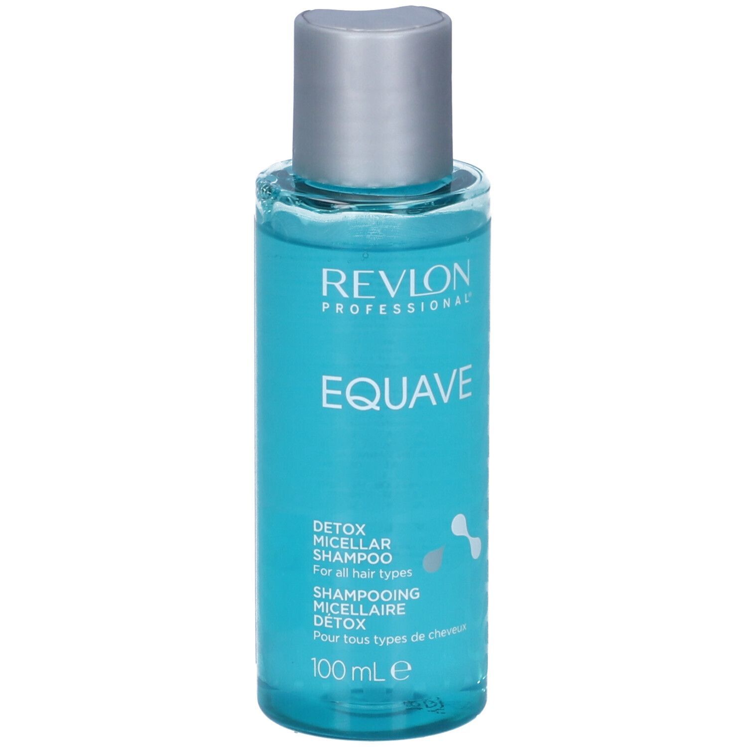 Transparente Flasche mit blauem Shampoo. Silberner Deckel. Produktetikett mit Text: Revlon Professional Equave.