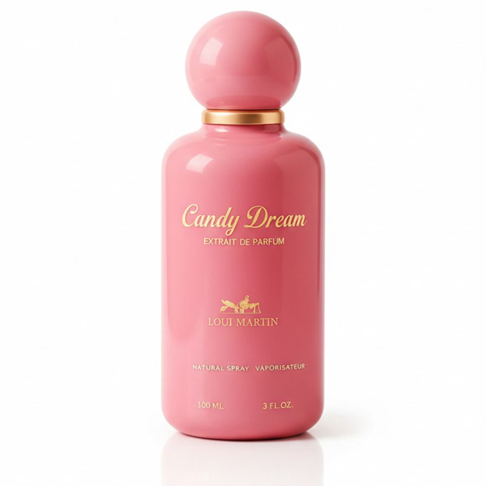 Rosa Flakon mit goldfarbenem Deckel. Aufschrift "Candy Dream". Untertitel "Extrakt de Parfum". Marke: Loui Martin.