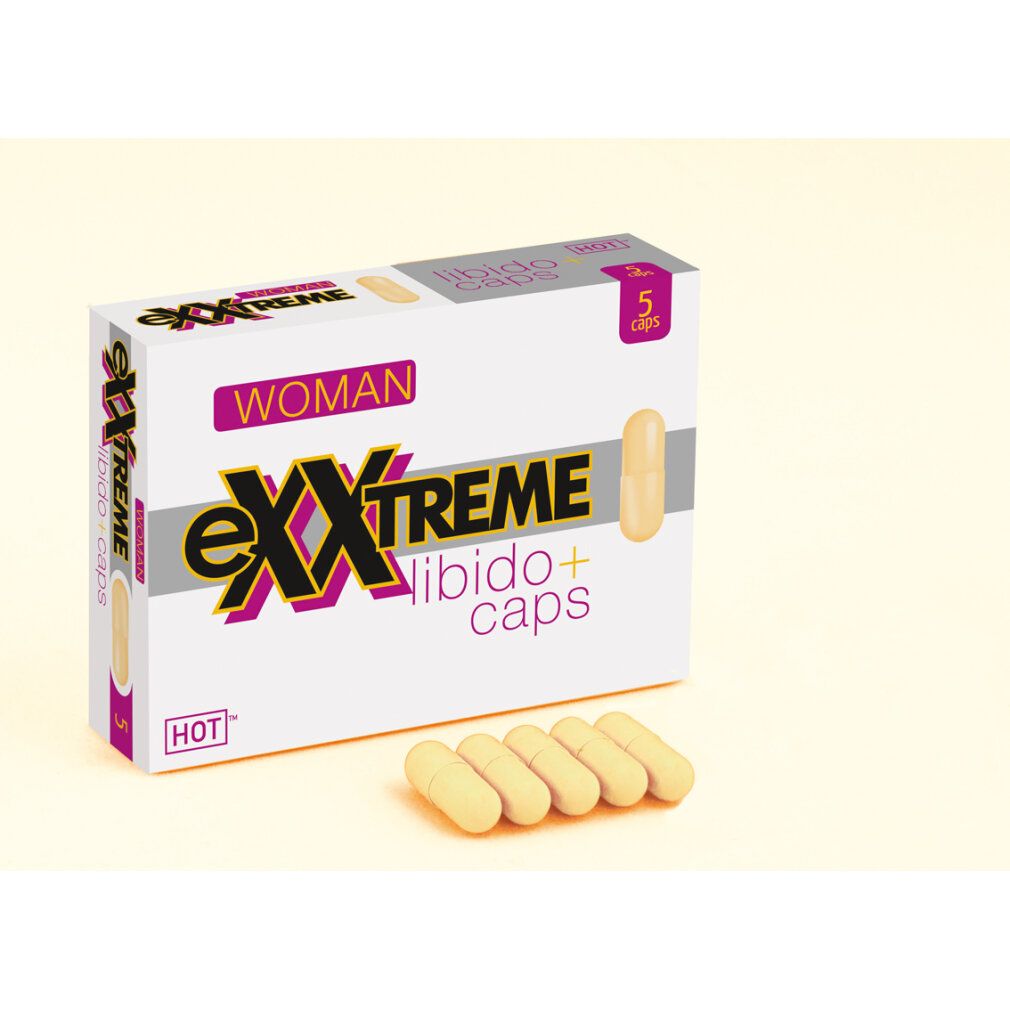 Weiße Schachtel mit eXXtreme, WOMAN, Libido+ caps und HOT. 5 Kapseln liegen daneben.