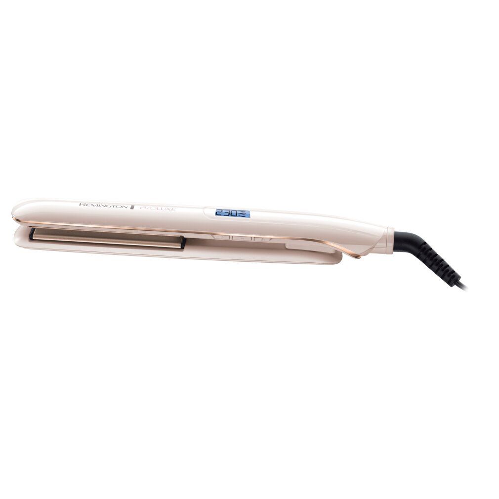 Beige-weiße Haarglätter. Schwarzes Kabel. Digitalanzeige. Marke Remington.