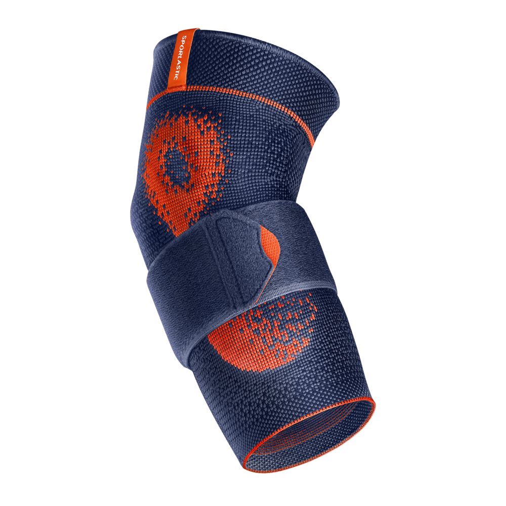 Elbogenbandage, blau-orange. Mit Klettverschluss. Marke Sporlastic. Elastisches Material. Für das linke Knie. Detailansicht.
