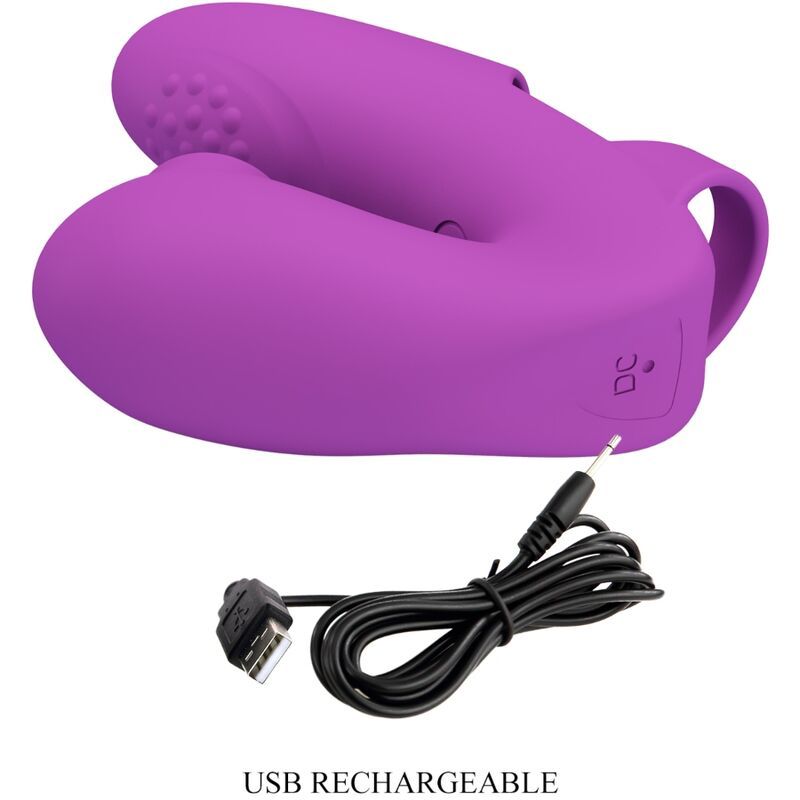 Lila Fingervibrator mit USB-Ladekabel. Beschriftung: USB RECHARGEABLE.