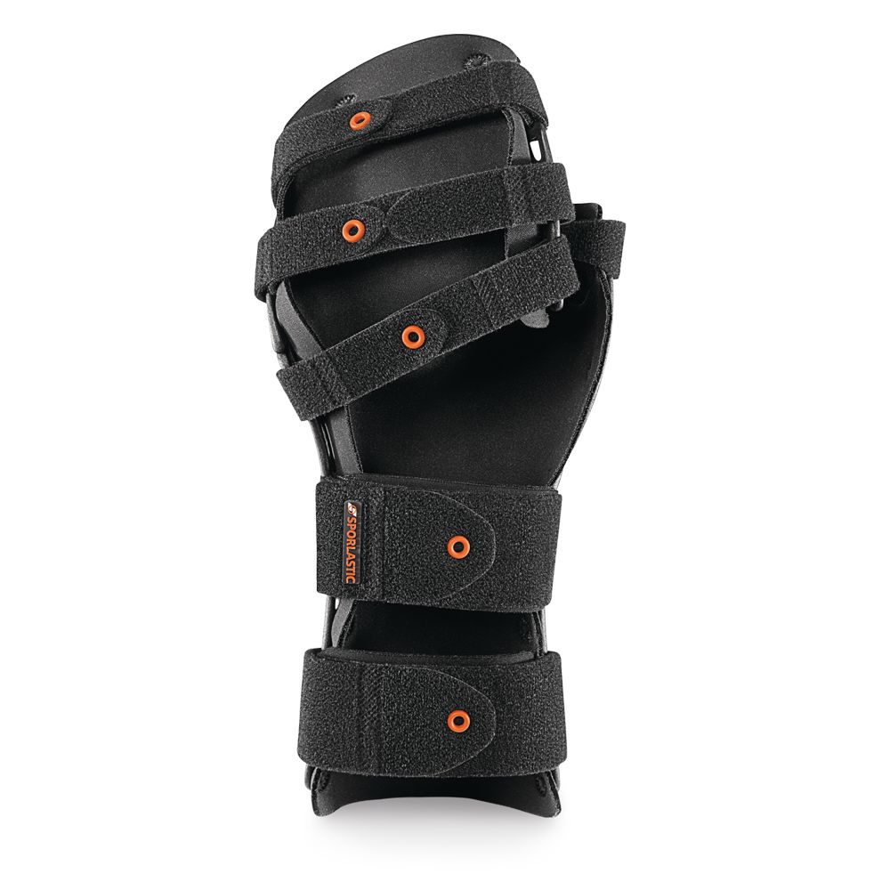 Handgelenkorthese mit Finger- und Daumenfixierung. Schwarzes Design mit Klettverschlüssen und orangefarbenen Akzenten.