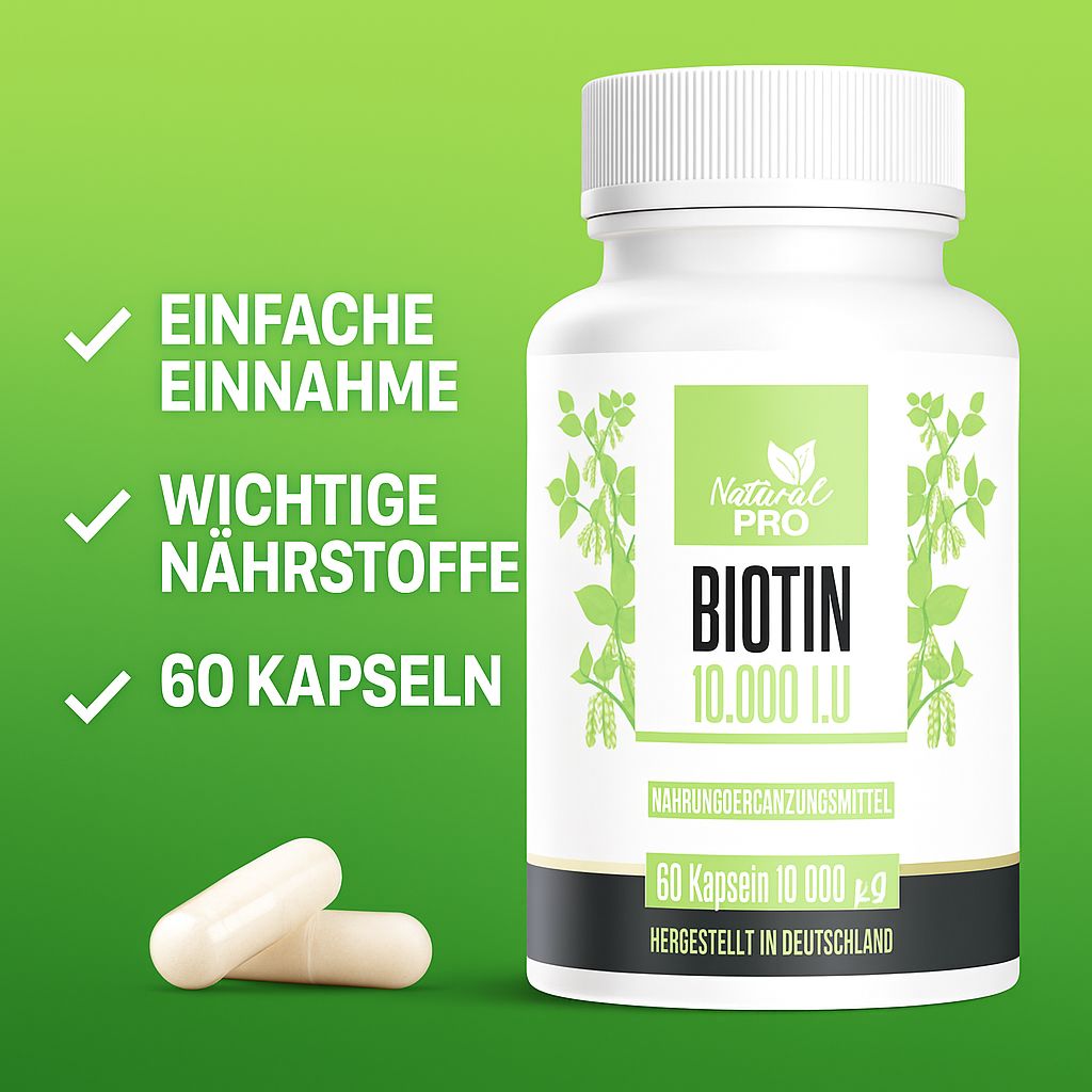 Weiße Flasche mit grünem Etikett und grünen Häkchen. Aufschrift: Natural Pro Biotin 10.000 I.U. 60 Kapseln. Zwei Kapseln liegen daneben.