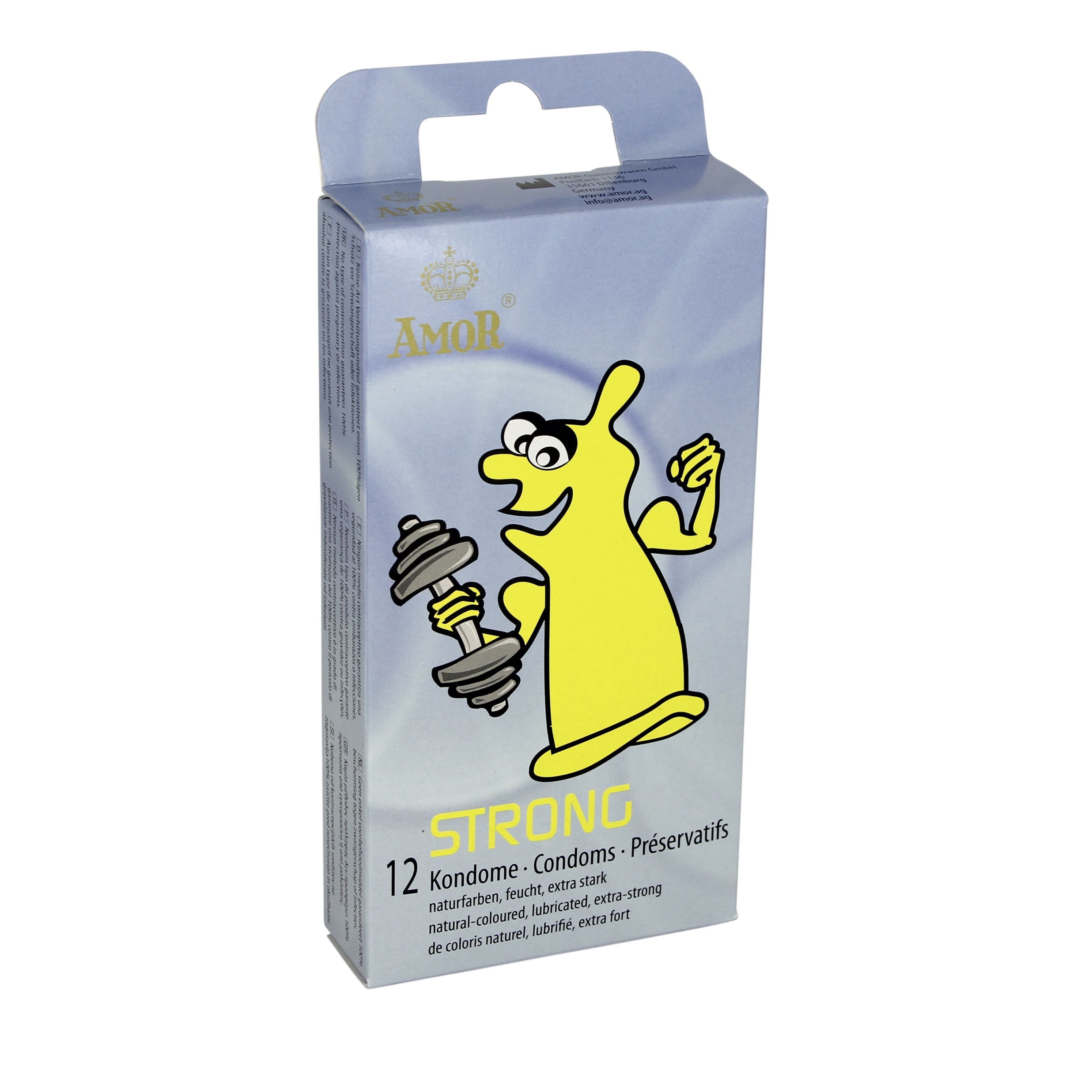 Kondom-Schachtel AMOR STRONG, 12 Stück. Gelbe Figur mit Hantel. Aufdruck: AMOR, STRONG.