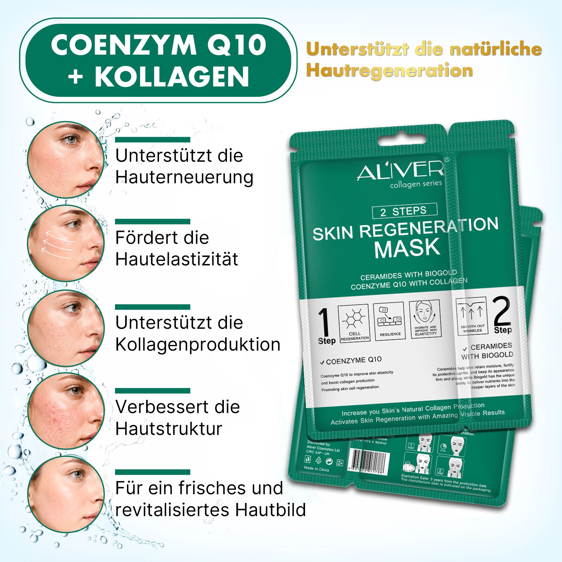 ALIVER Skin Regeneration Mask mit Coenzym Q10 und Kollagen, zeigt Hautverbesserung.