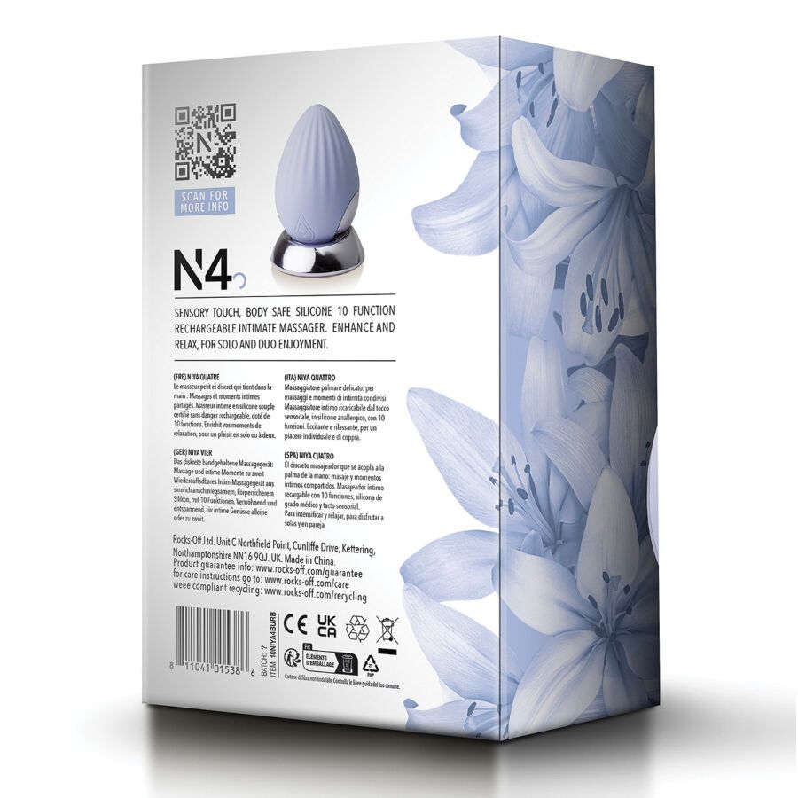 Rückseite der Niya N4-Verpackung. Produktabbildung auf Ladestation. Text und Informationen.