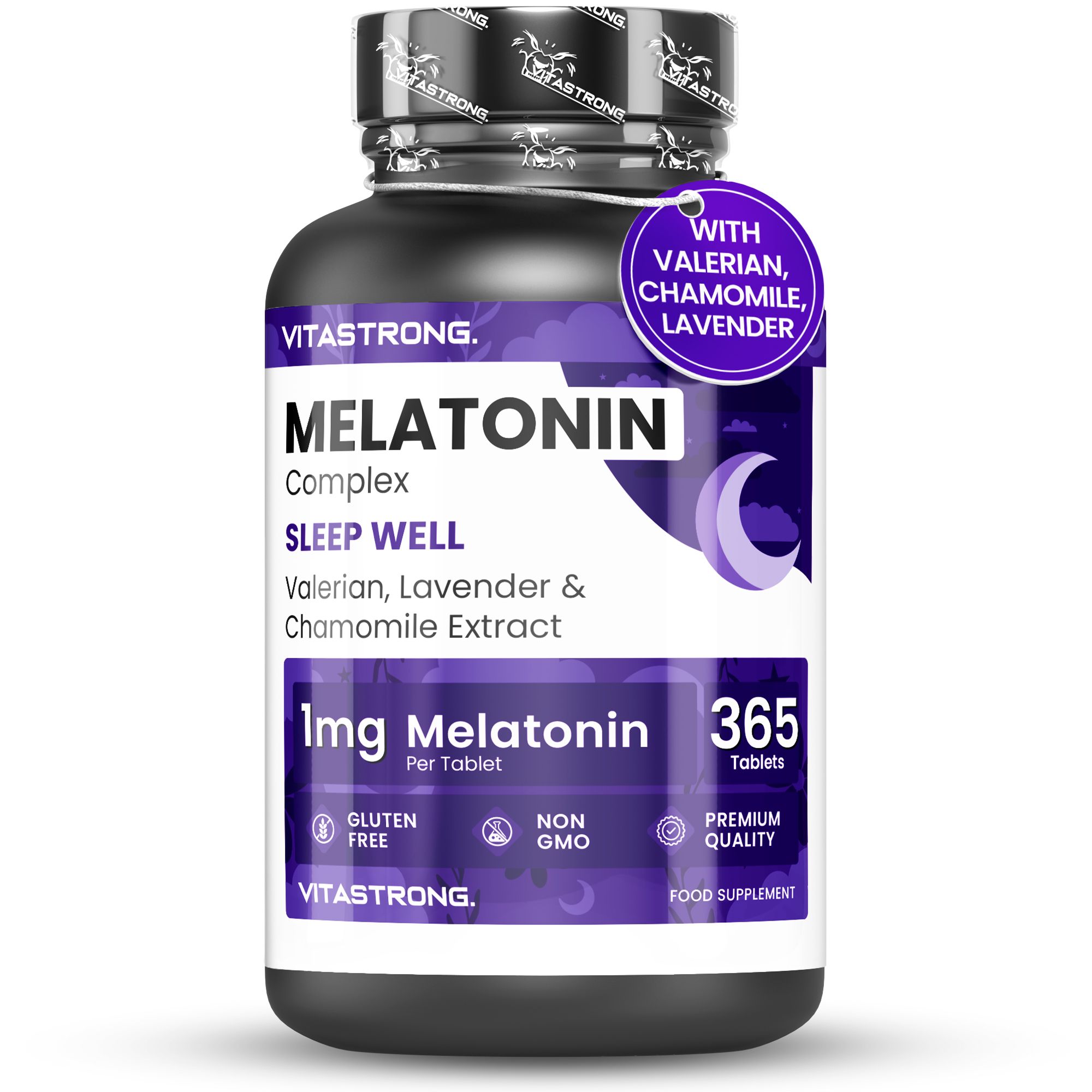 Vitastrong Melatonin Komplex. Flasche mit 365 Tabletten. Enthält Baldrian, Lavendel und Kamille. 1mg Melatonin.