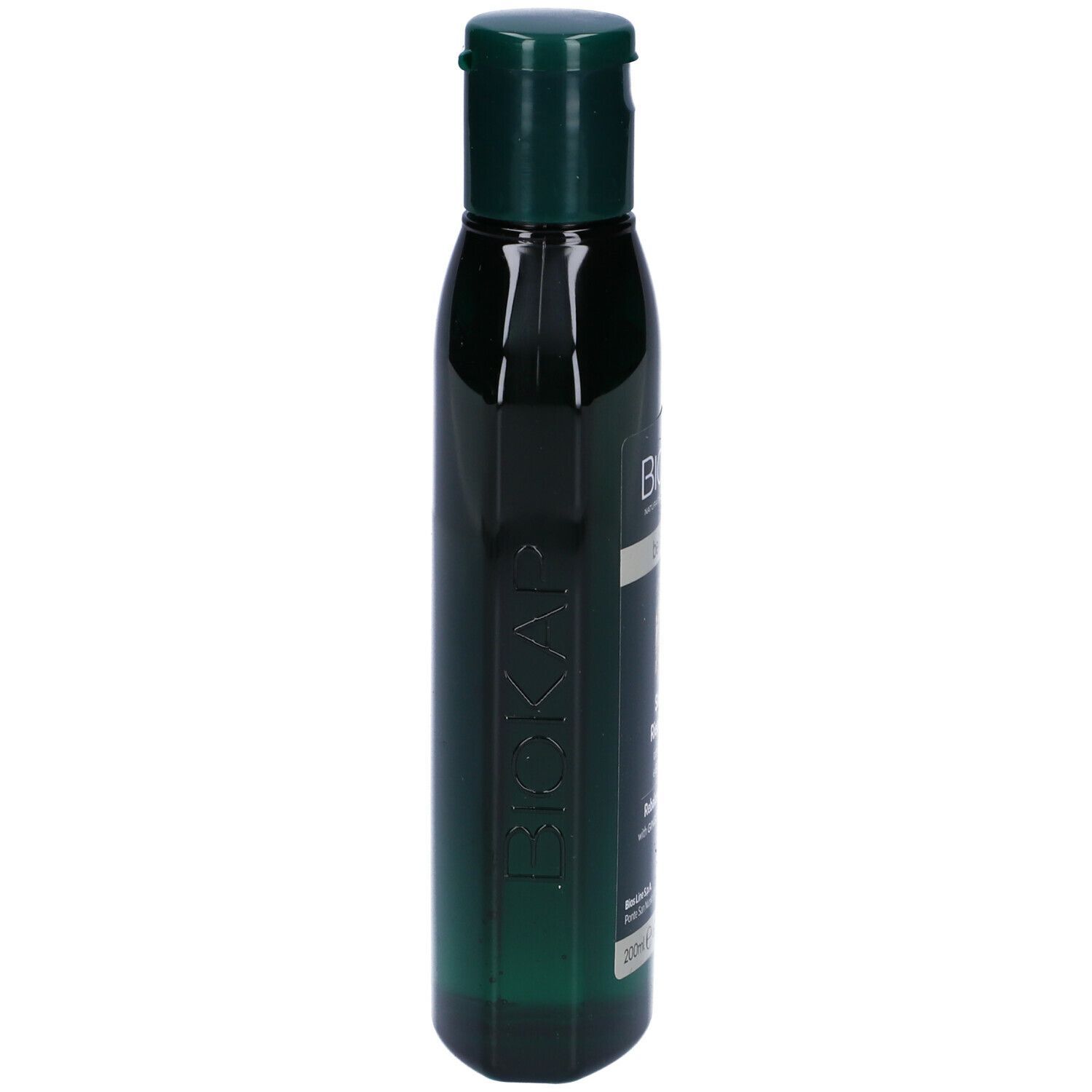 Seitenansicht einer dunkelgrünen Flasche Biokap Bellezza Bio Rebalancing Shampoo.