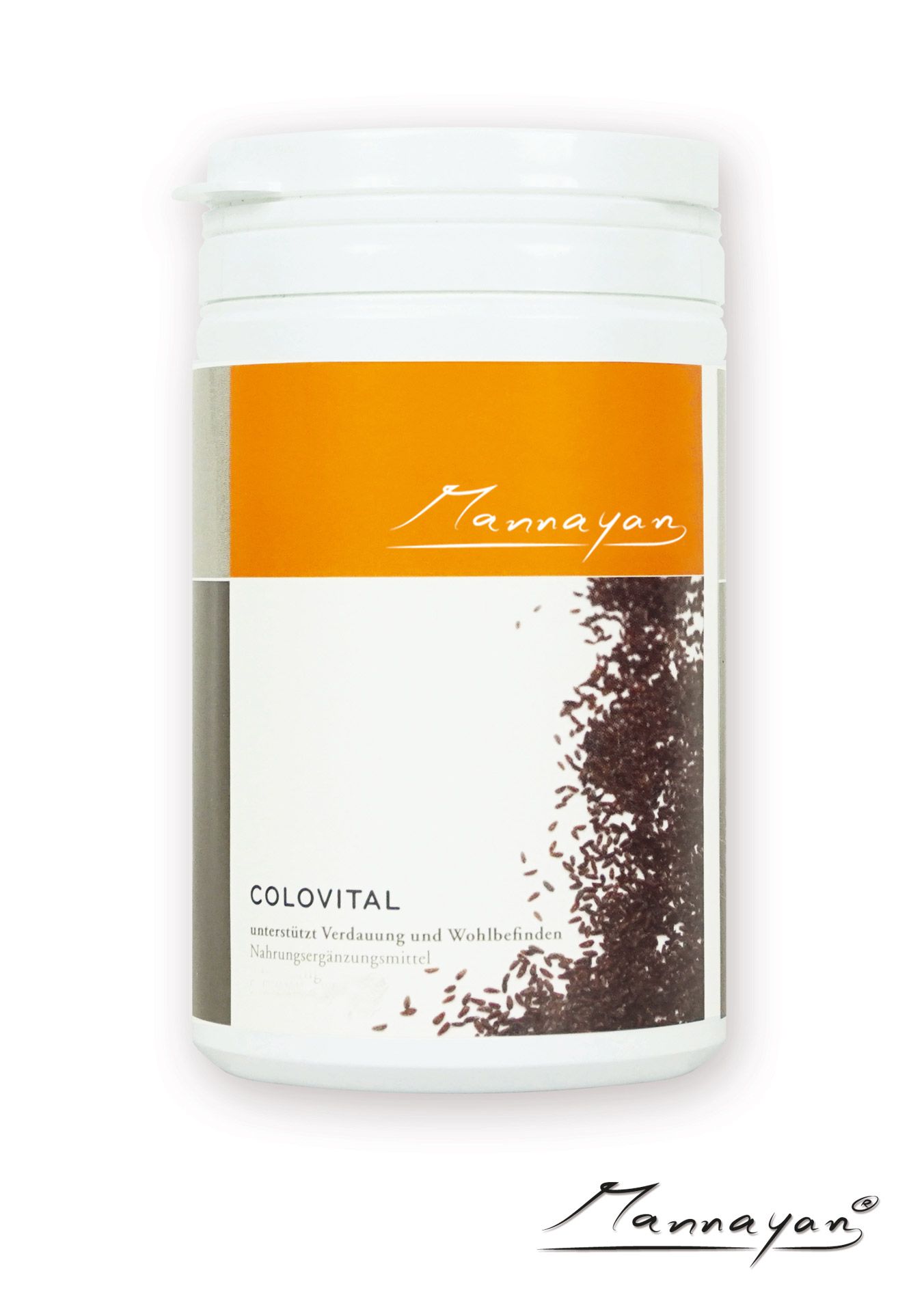 Weißes Supplement-Behälter mit orangefarbenem Etikett. Aufschrift: Mannayan, ColoVital. Braune Samenmuster.