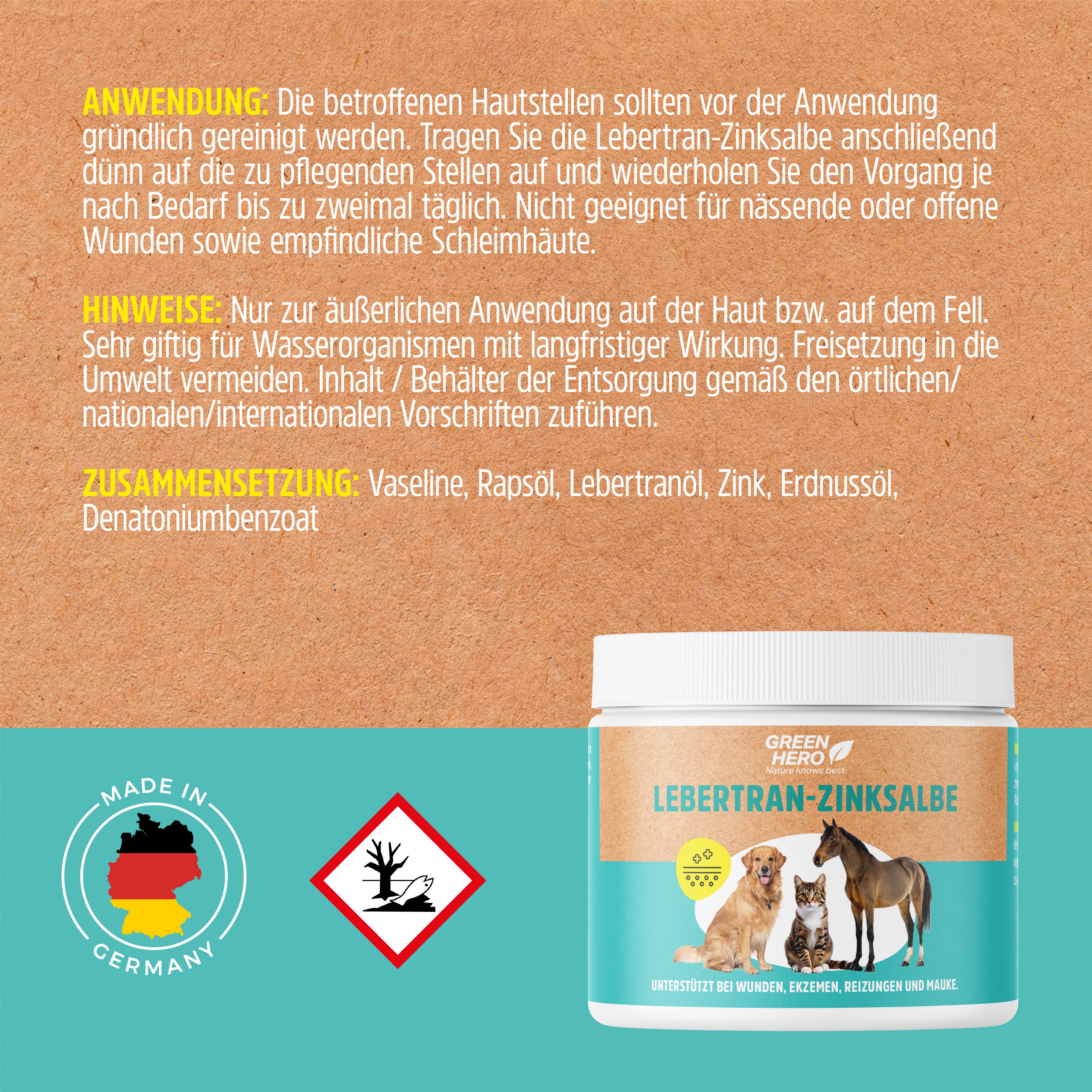 GreenHero Lebertran-Zinksalbe. Text: Anwendungshinweise, Zusammensetzung. Made in Germany. Gefahrensymbol.