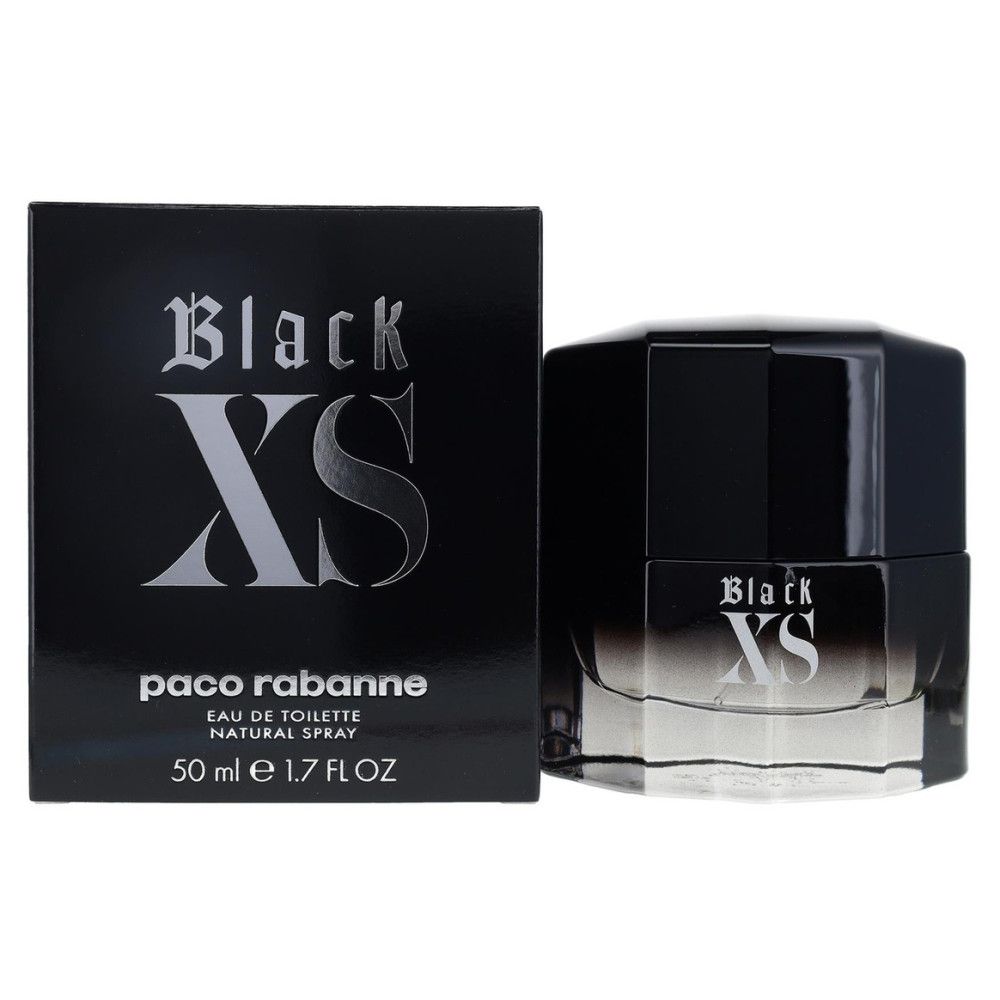 Schwarzer Flakon und Schachtel. Aufschrift "Black XS" und "paco rabanne". Flakon mit Sprühkopf. 50 ml.