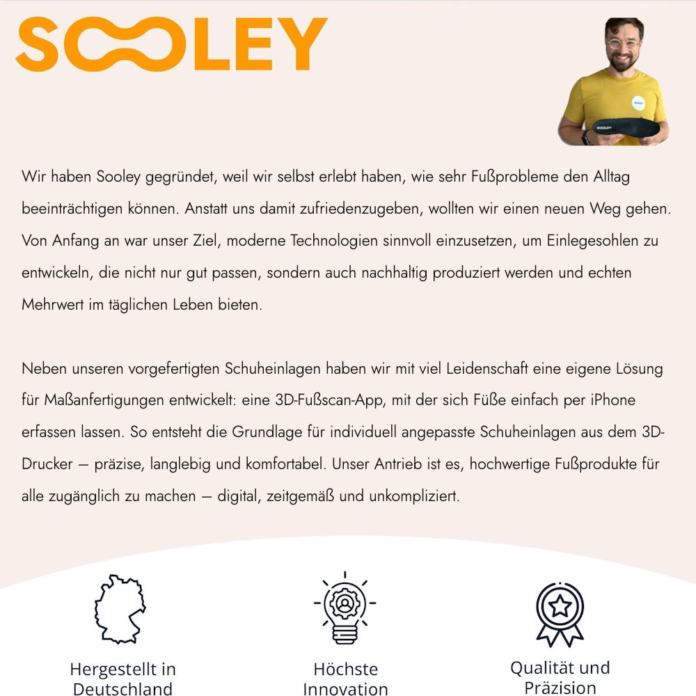Text: Sooley®. Text: Wir haben Sooley gegründet... Hergestellt in Deutschland, höchste Innovation, Qualität und Präzision.