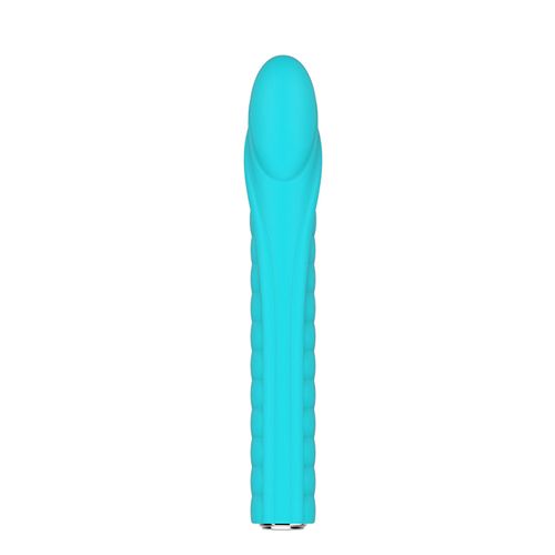Türkisfarbener Vibrator. Zylindrische Form mit geriffelter Oberfläche und abgerundeter Spitze.