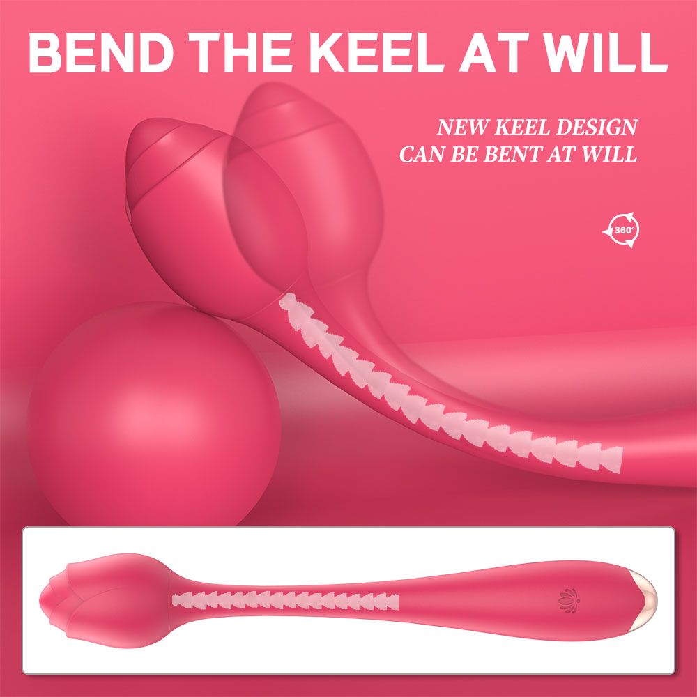 Rosa Vibrator in Tulpenform. Flexibles Design. Gezeigt in gebogener Position. Text: Bend the keel at will. New keel design can be bent at will.