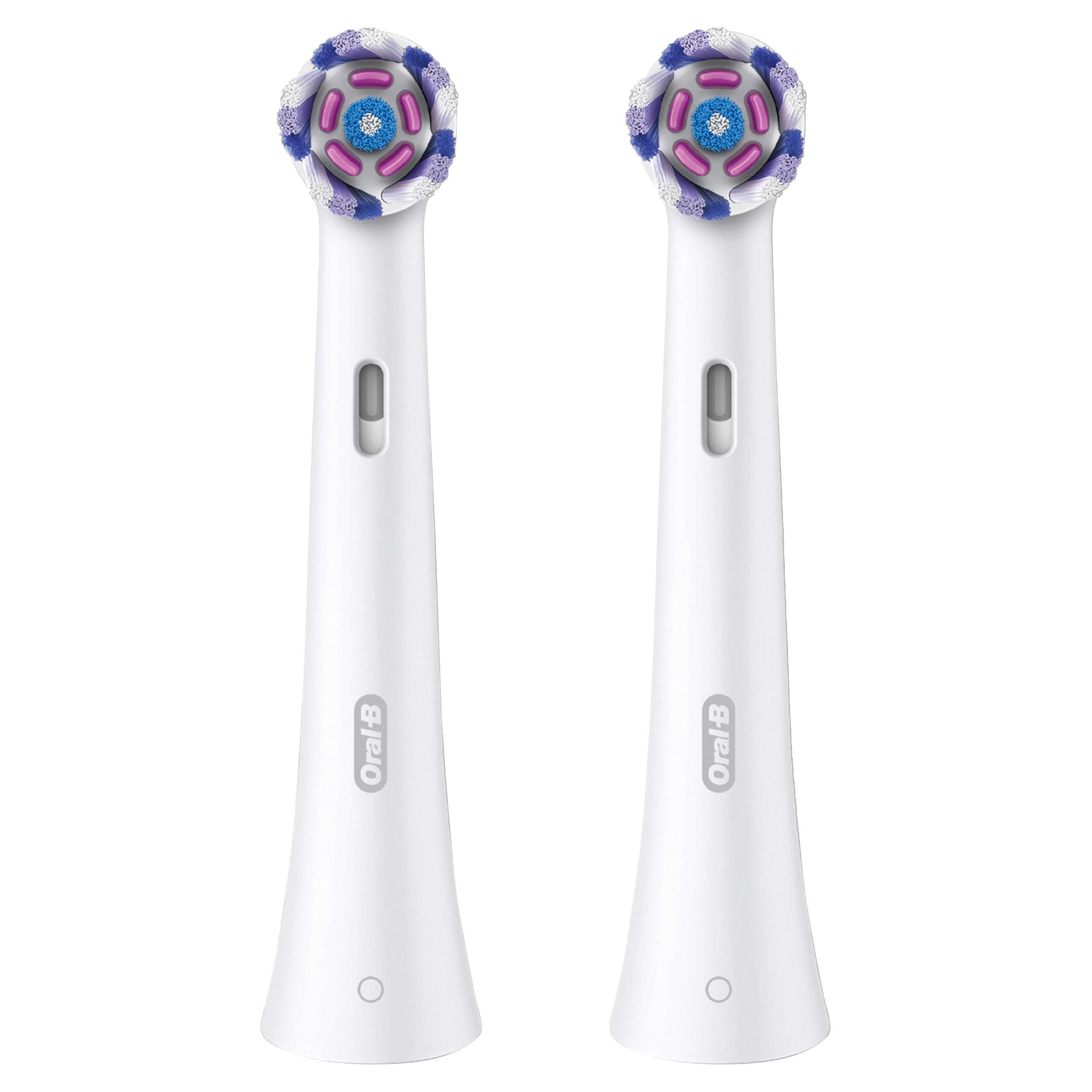 Zwei Oral-B iO Aufsteckbürsten. Weisse Griffe, runde Bürstenköpfe mit farbigen Borsten. Oral-B Logo.
