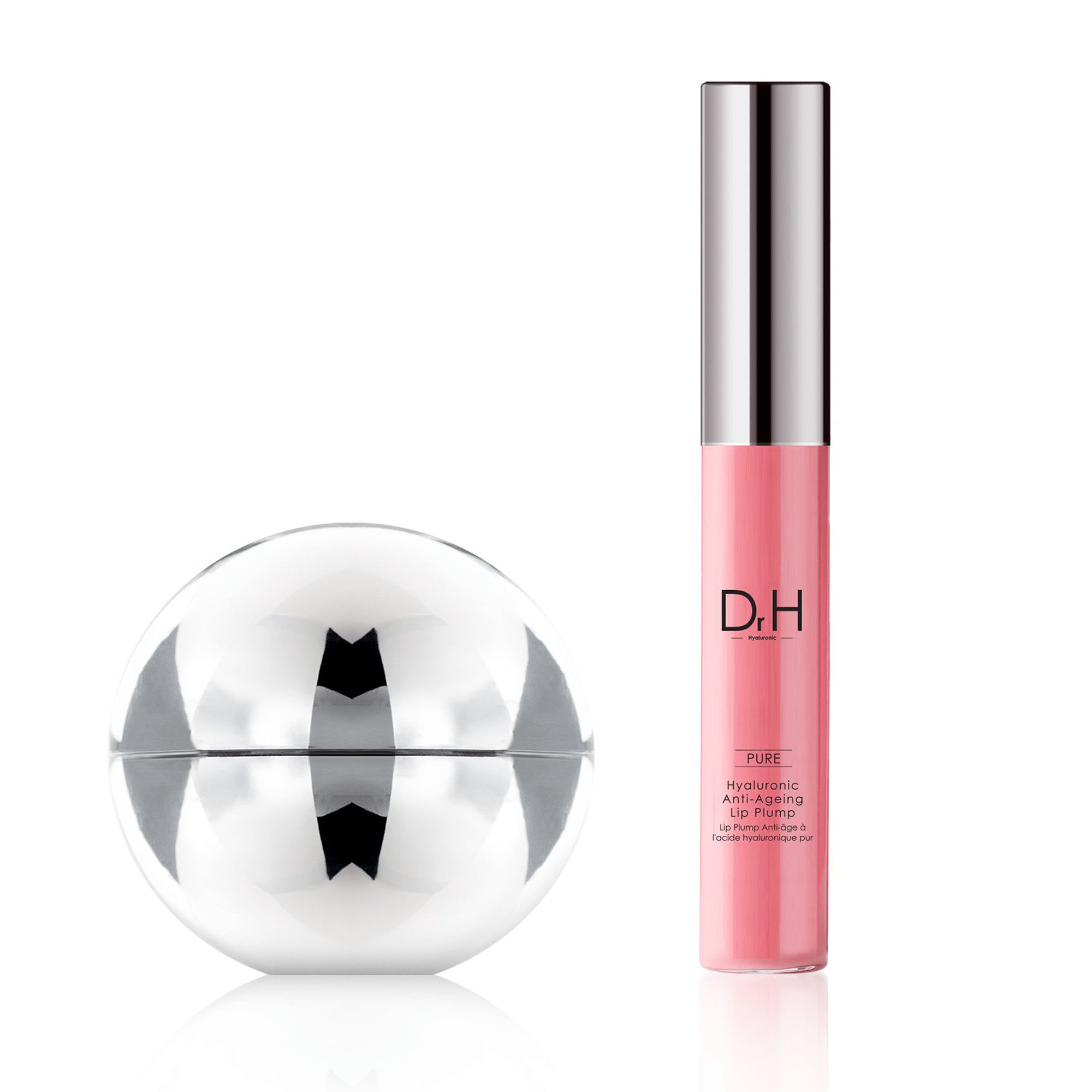 Kugelrunde, silberne Creme-Dose neben einem Lippenfüller. Der Lippenfüller hat einen silbernen Deckel und rosa Inhalt. Dr. H-Logo sichtbar.