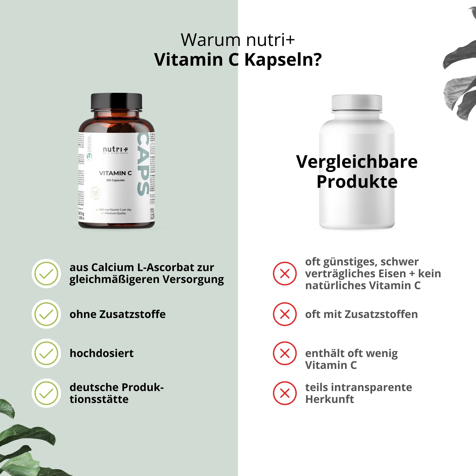 Vergleich von nutri+ Vitamin C Kapseln mit einem anderen Produkt. nutri+ Vorteile: Calcium L-Ascorbat, ohne Zusätze, hochdosiert, deutsche Produktionsstätte.