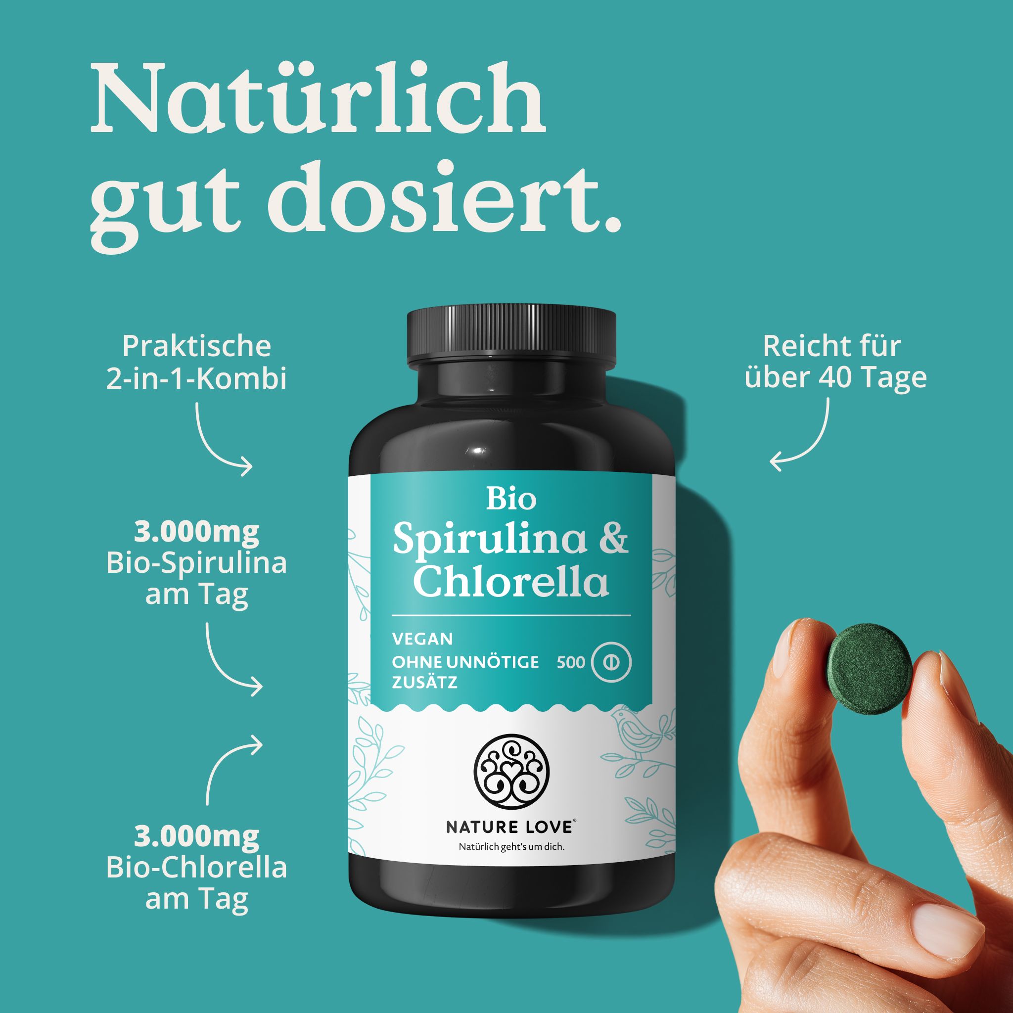 Flasche Bio Spirulina & Chlorella, 3000mg pro Tag, reicht für 40 Tage.