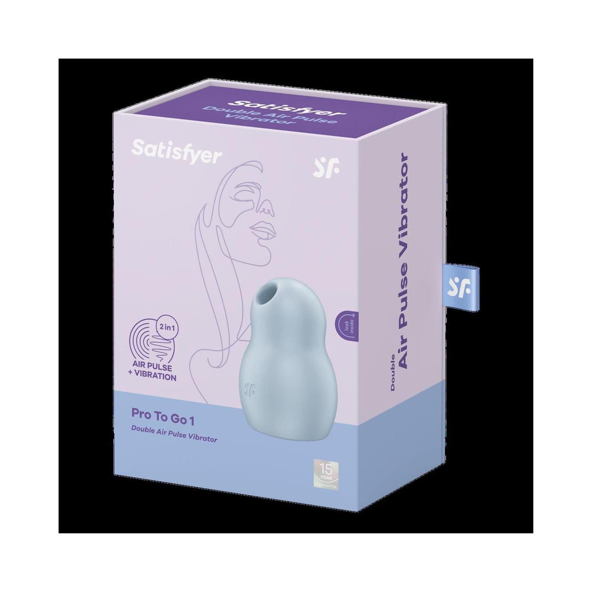 Verpackung von Satisfyer Pro to Go 1. Auf der Verpackung sind Produktname, Logo und eine Abbildung des Produkts abgebildet.