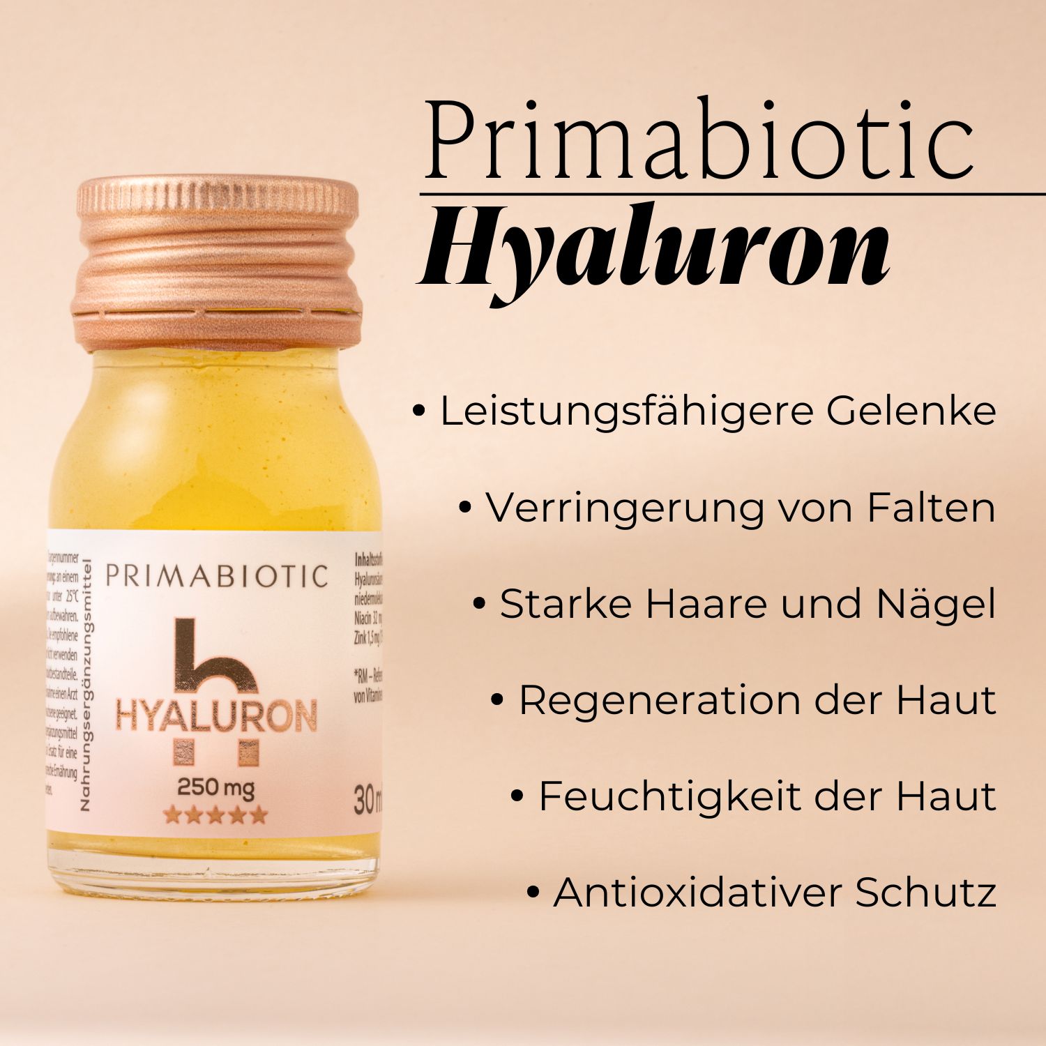 Eine Flasche Primabiotic Hyaluron. Text: "Leistungsfähigere Gelenke", "Verringerung von Falten", "Starke Haare und Nägel", etc.
