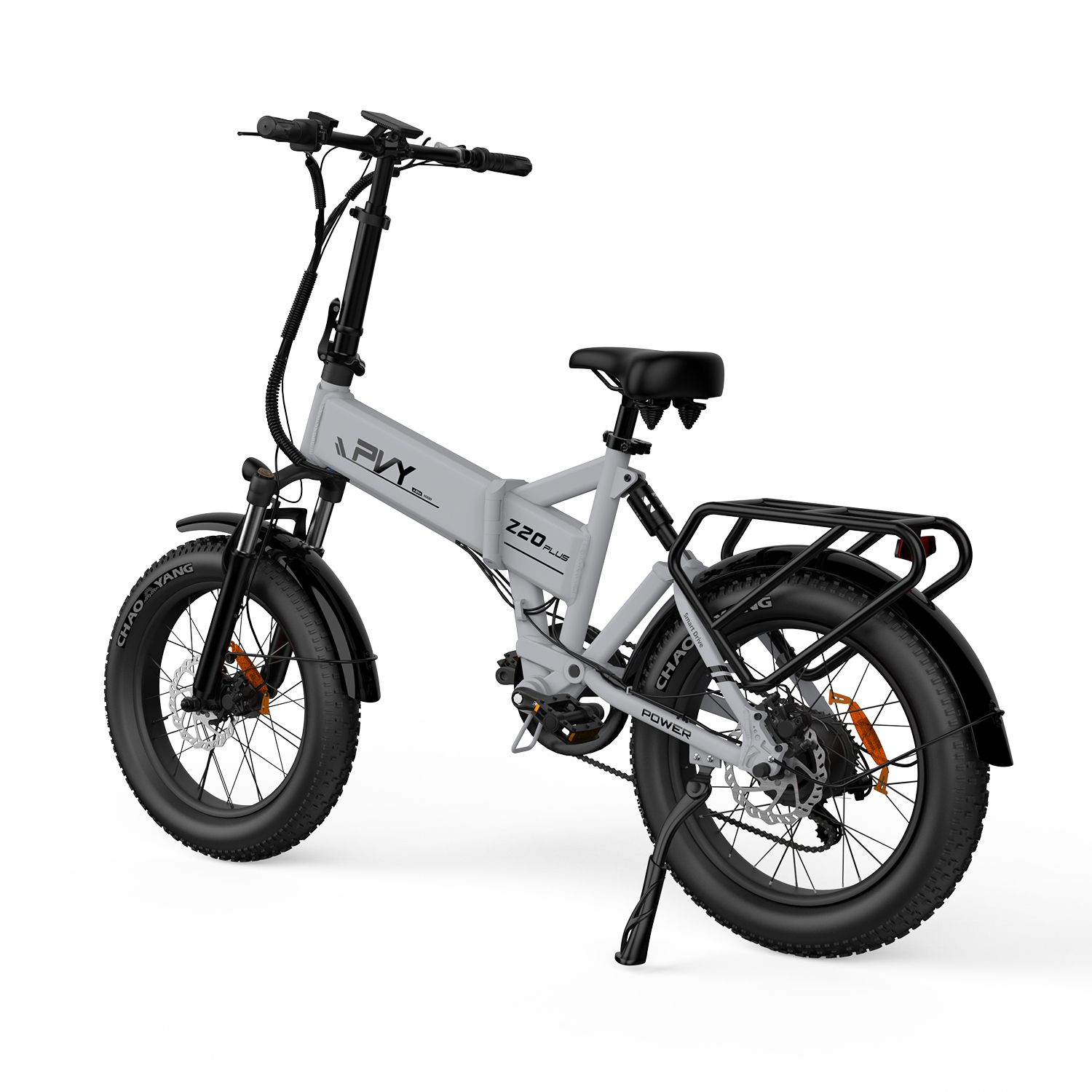 Graues E-Bike mit schwarzen Reifen und Gepäckträger. Aufschrift: PVY Z20 Plus.