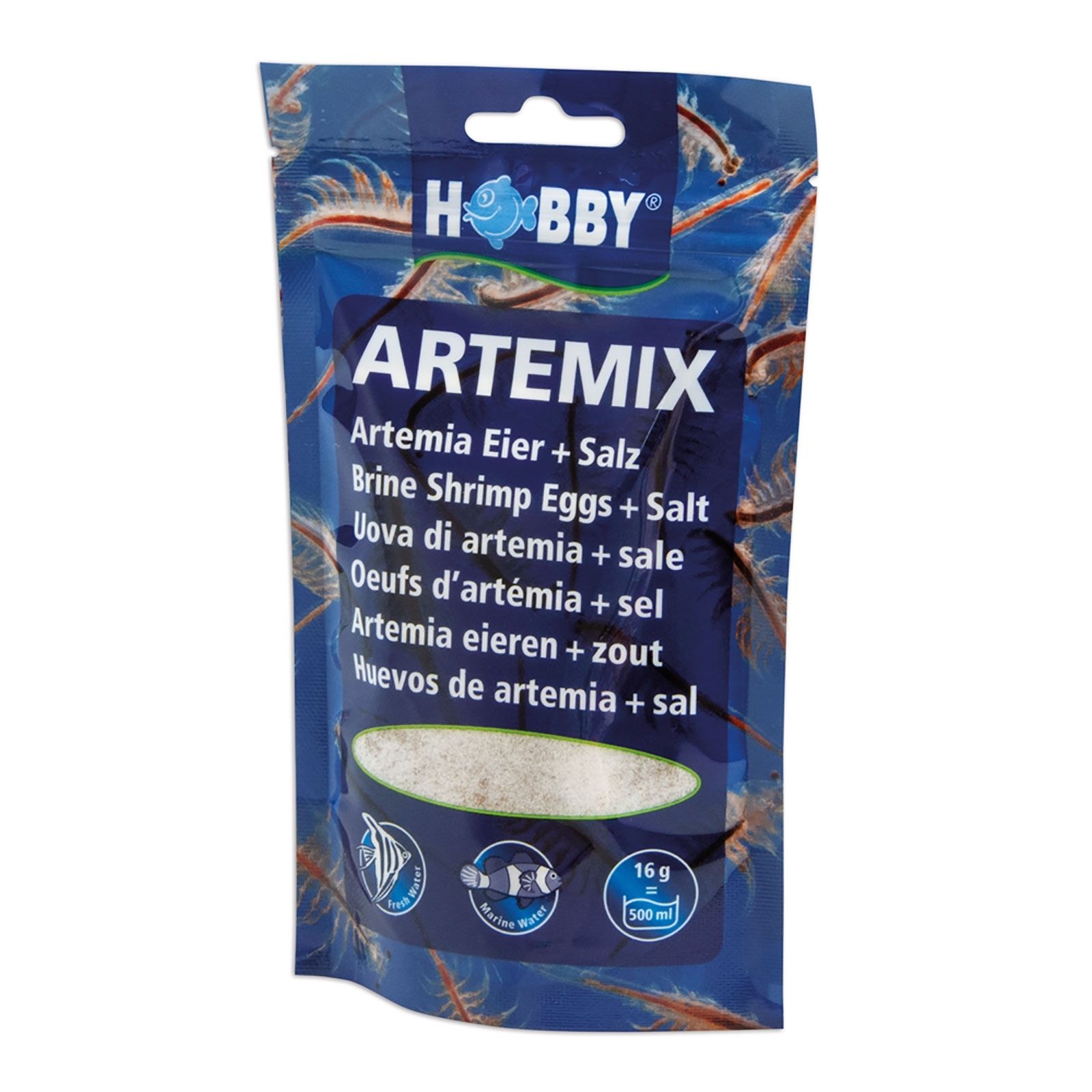Beutel "ARTEMIX" mit Artemia-Eiern und Salz. Blaue Verpackung mit Produktinformationen und Logo.