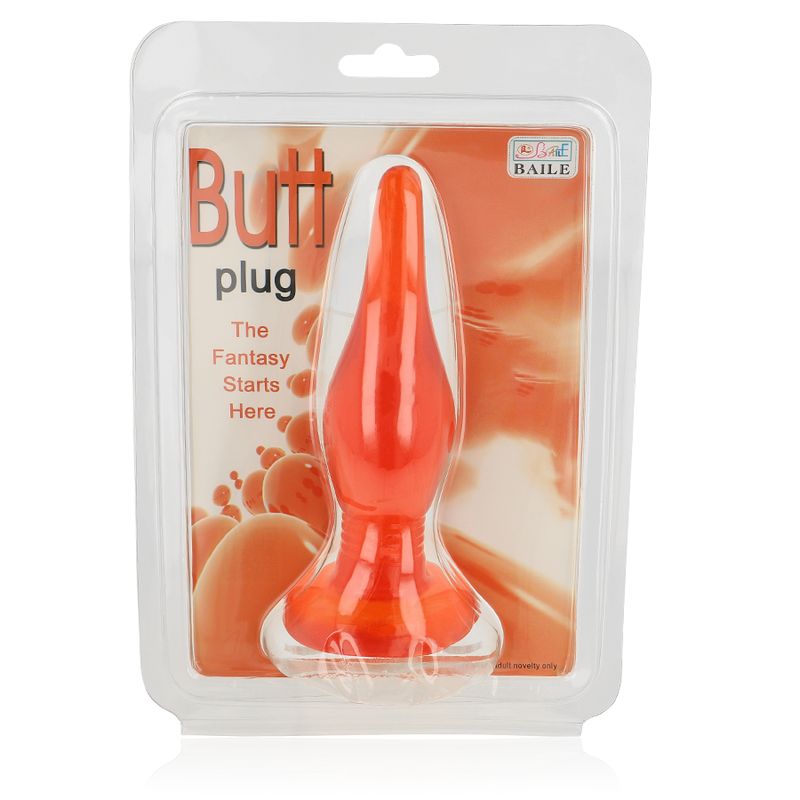 Verpackung mit orangefarbenem Analplug. Klarer Blister, Produktname 'Butt plug'. Text: 'The Fantasy starts here'.