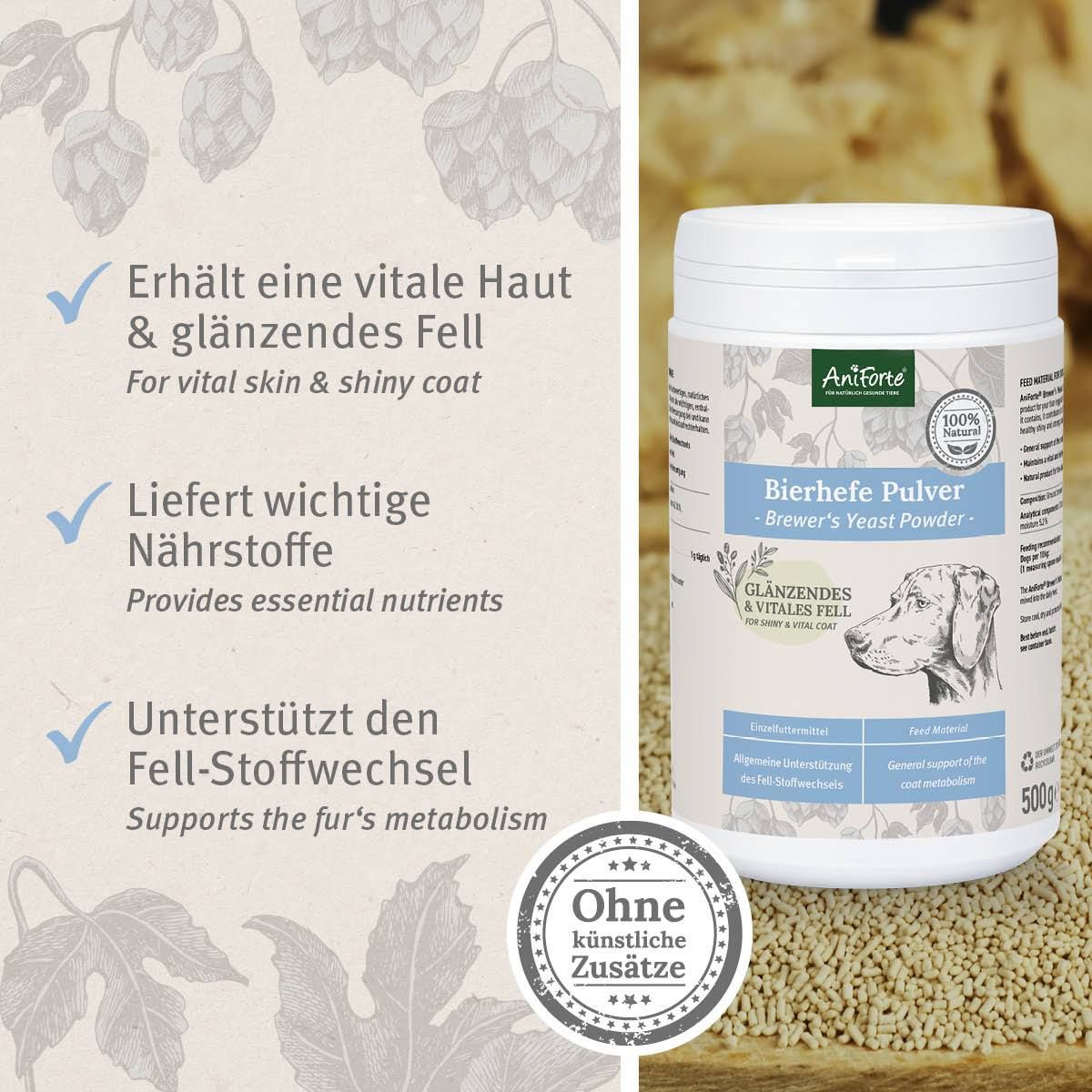 AniForte Bierhefe Pulver Dose. Text: Erhält eine vitale Haut & glänzendes Fell. Liefert wichtige Nährstoffe. Ohne künstliche Zusätze.