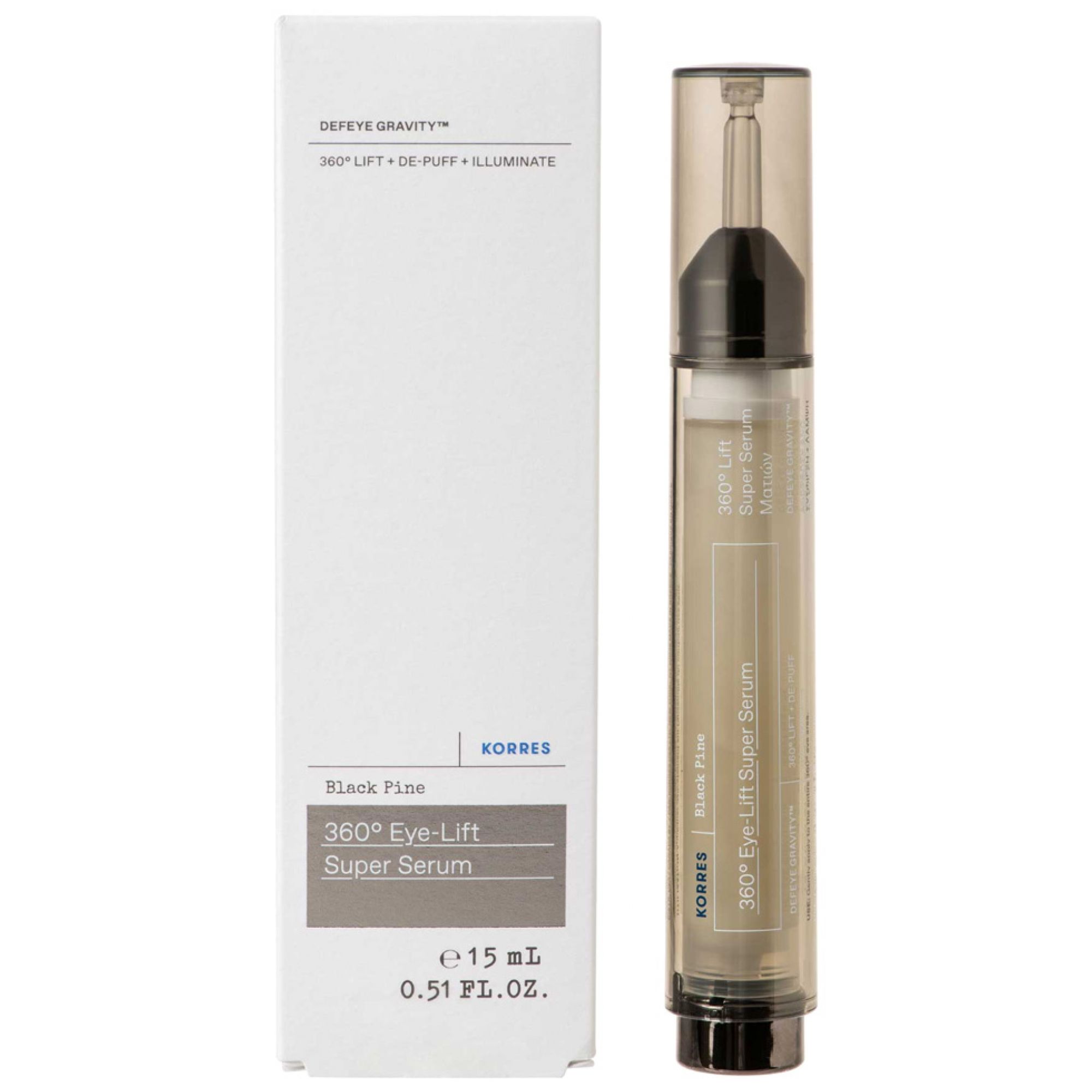Ein transparenter Flakon mit schwarzem Applikator und weißer Produktbox. Die Box zeigt "360° Eye-Lift Super Serum".