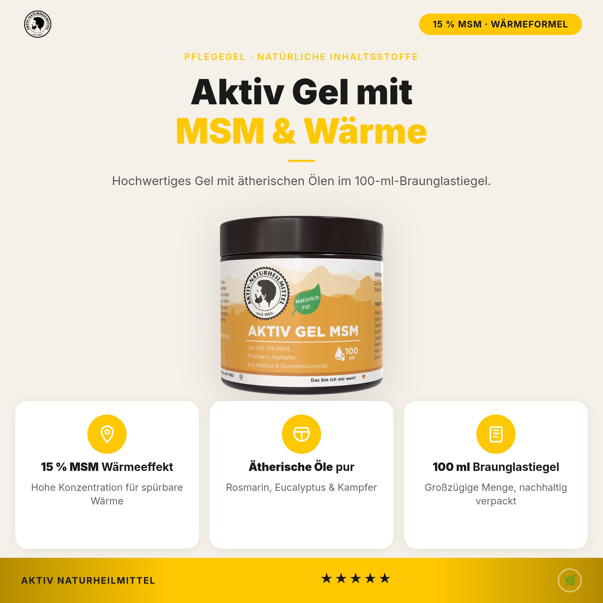 Aktiv Gel MSM 100 ml Tiegel mit Hervorhebung von Vorteilen.