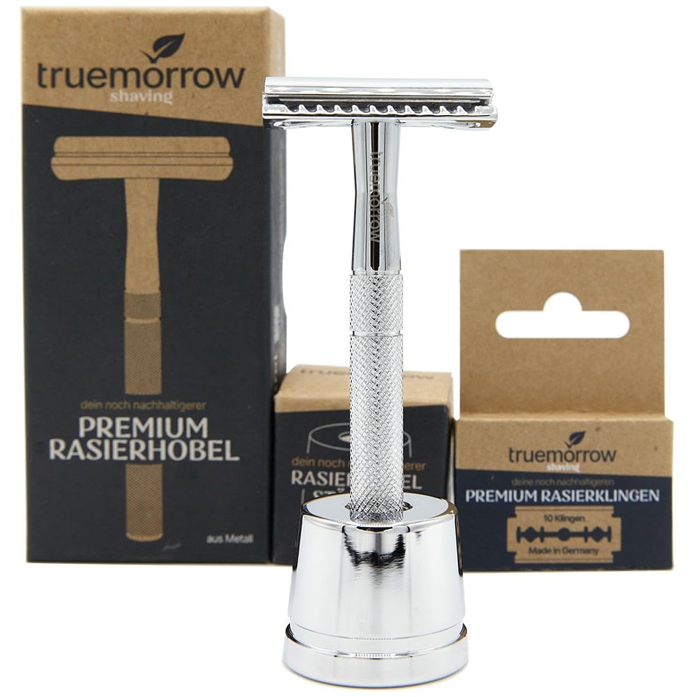 truemorrow Shaving Starter-Set (mit Premium Rasierhobel, Ständer und 10 Klingen) chrom