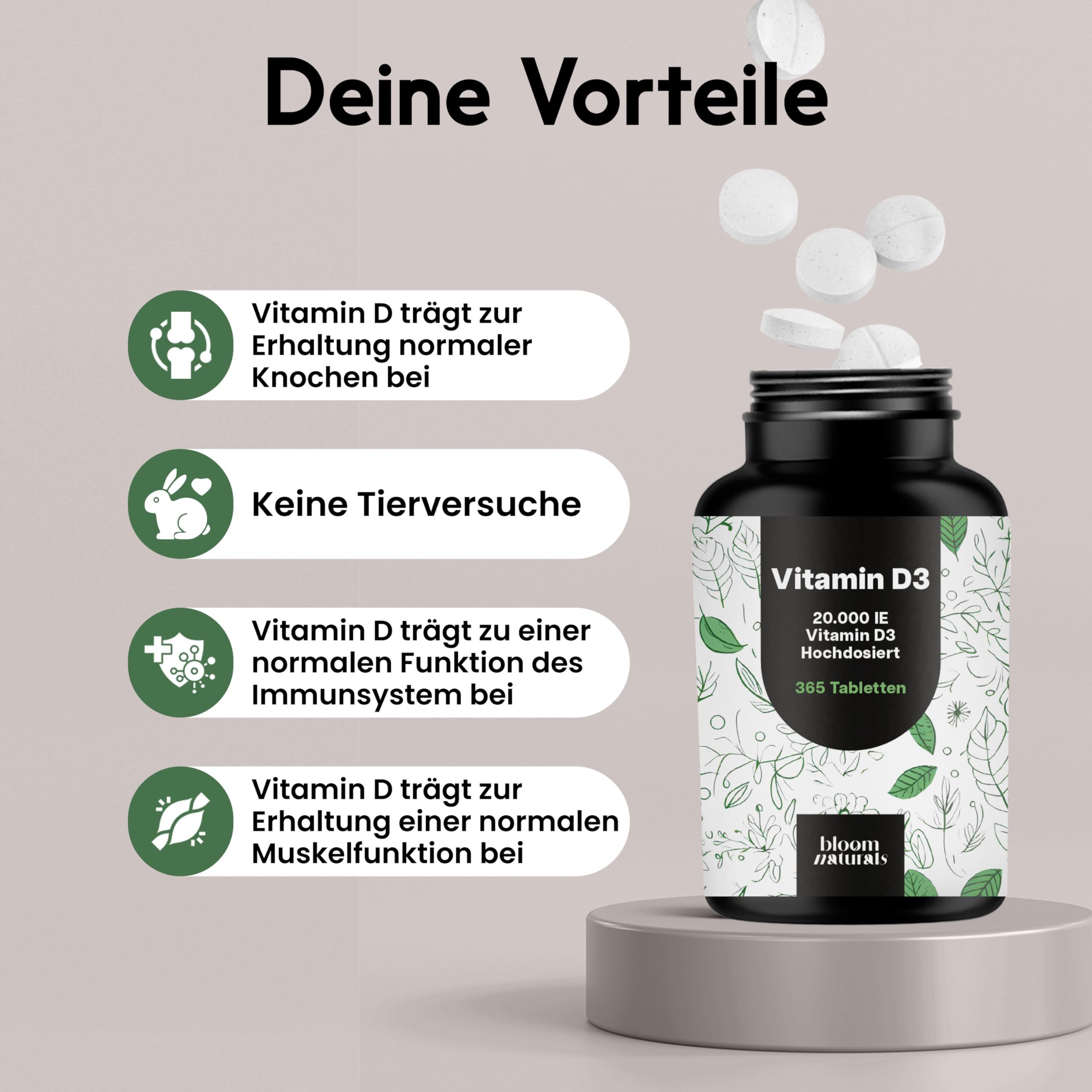 Vitamin D3-Tabletten und Vorteile. Schwarze Flasche mit 365 Tabletten. Text: Keine Tierversuche, gesunde Knochen, Immunsystem, Muskelfunktion.