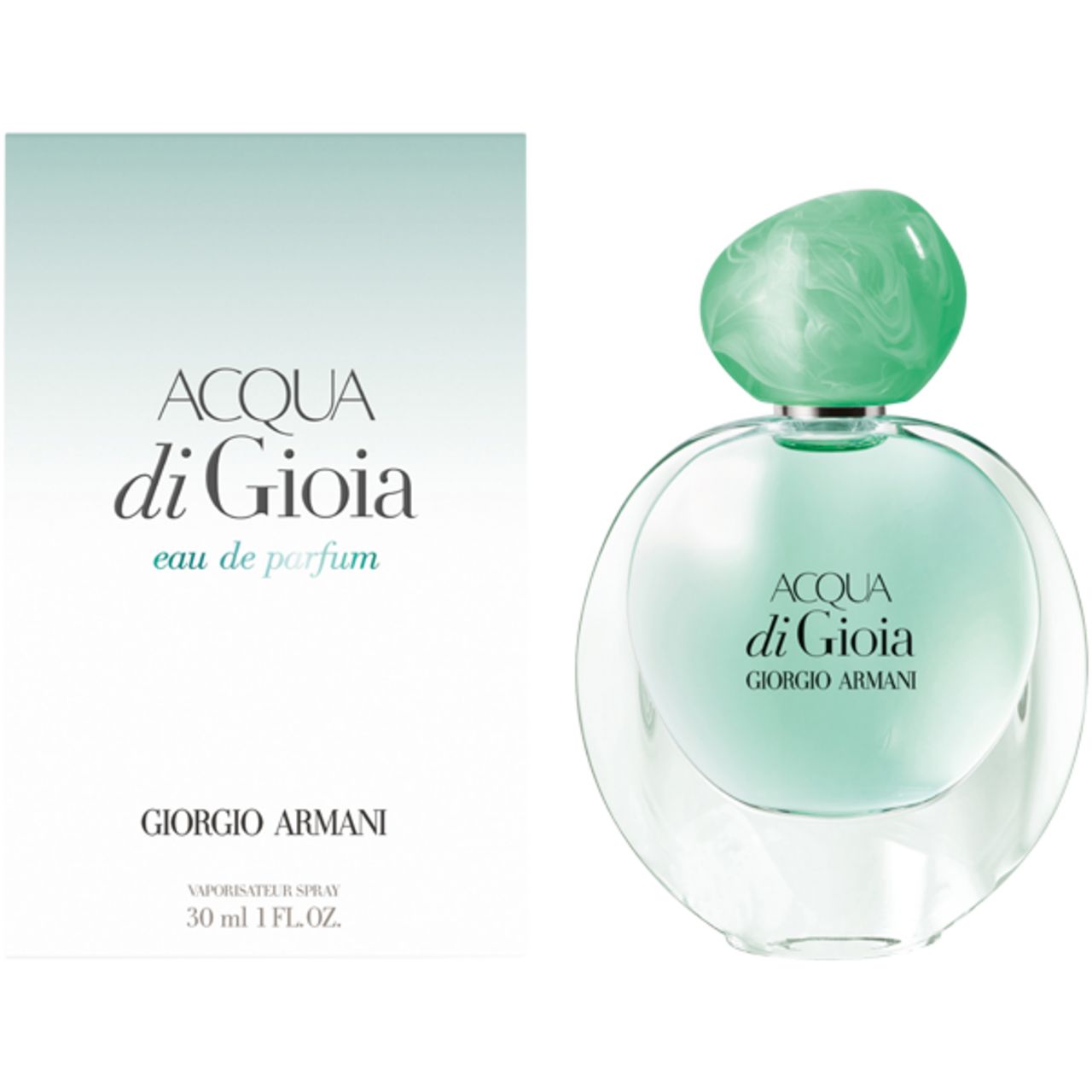 Flakon und Verpackung. Flakon rund, grün. Verpackung weiß mit Schriftzug: Acqua di Gioia, Giorgio Armani.
