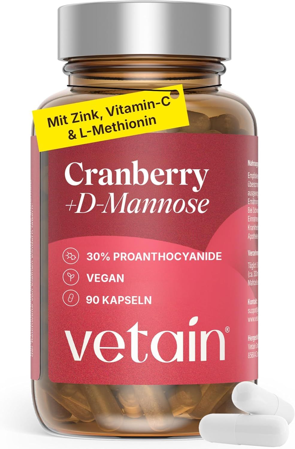 Vetain Cranberry + D-Mannose Kapseln: Braunglasflasche mit 90 Kapseln, Etikett mit Details zu Inhaltsstoffen und Menge.