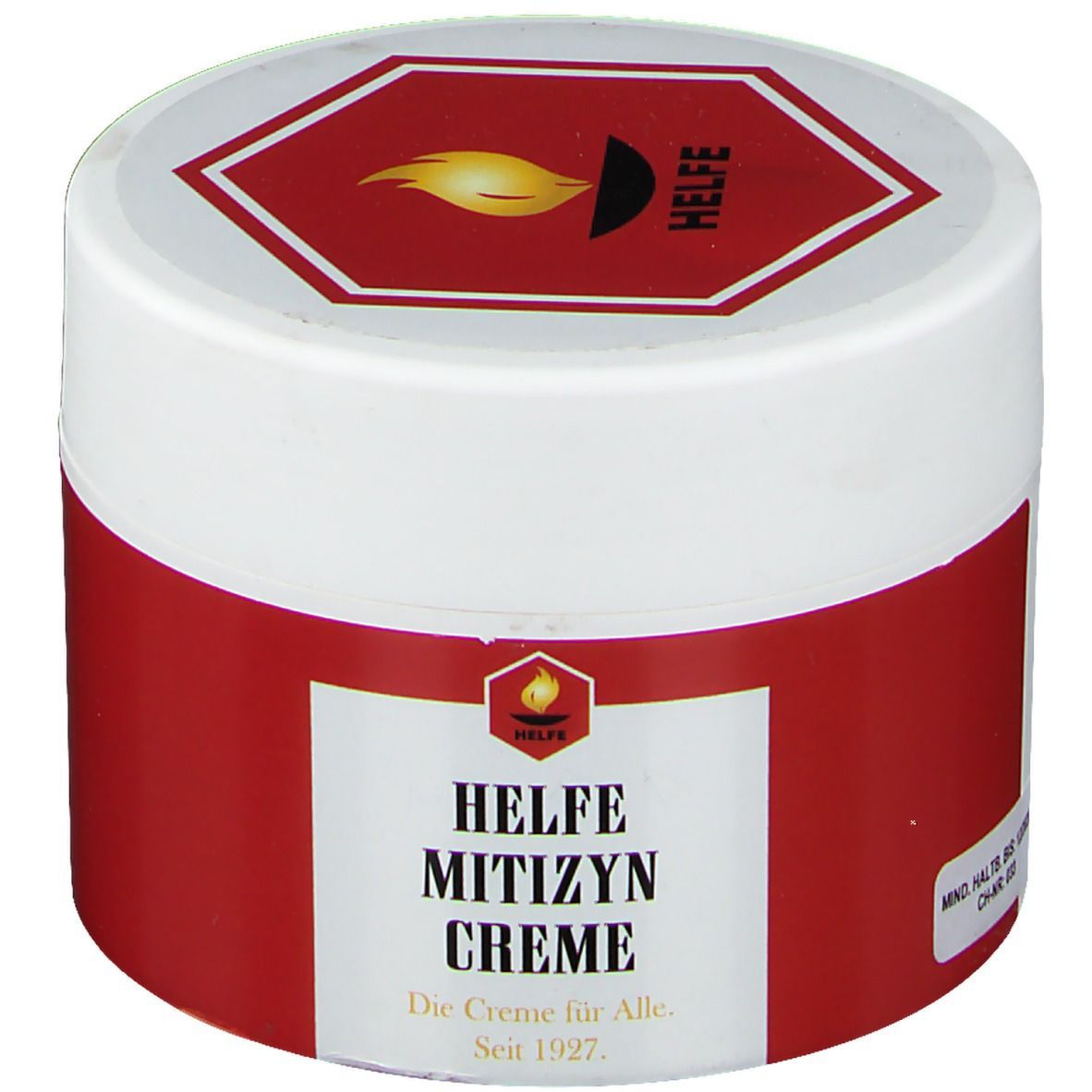 Creme-Dose mit rotem Etikett und weißem Deckel. Auf dem Etikett steht HELFE MITIZYN CREME. Auf dem Deckel ein rotes Sechseck mit Flamme.