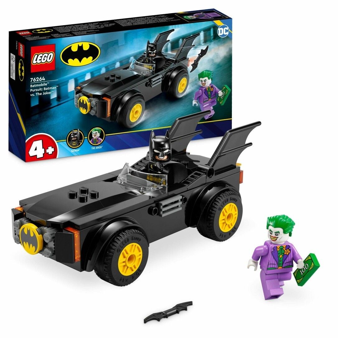 LEGO DC 76264 Inseguimento sulla Batmobile: Batman contro il Joker. La confezione mostra la Batmobile e due minifigure: Batman e il Joker. Il set è adatto a bambini dai 4 anni in su. La Batmobile è nera con ruote gialle e ali di pipistrello.