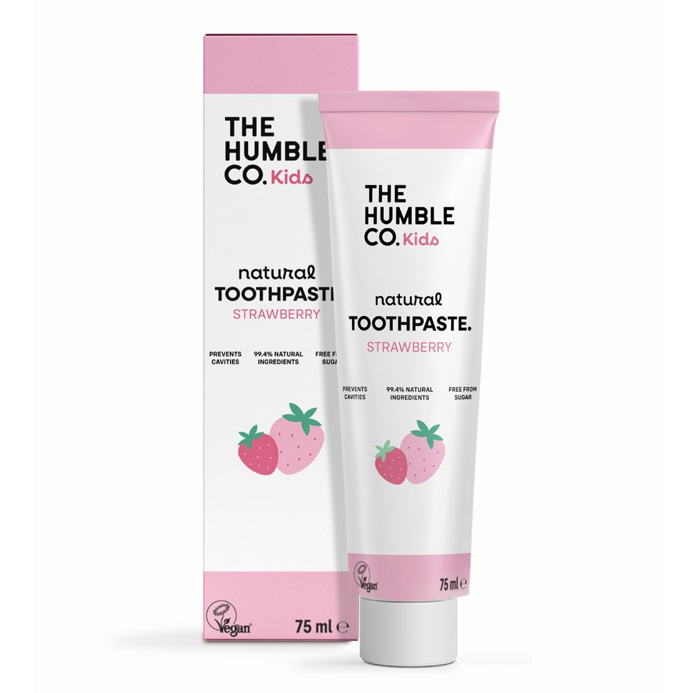 Zahncreme-Tube und Schachtel "The Humble Co. Kids" Erdbeere. Rosa-weißes Design, Erdbeer-Illustration, vegan.