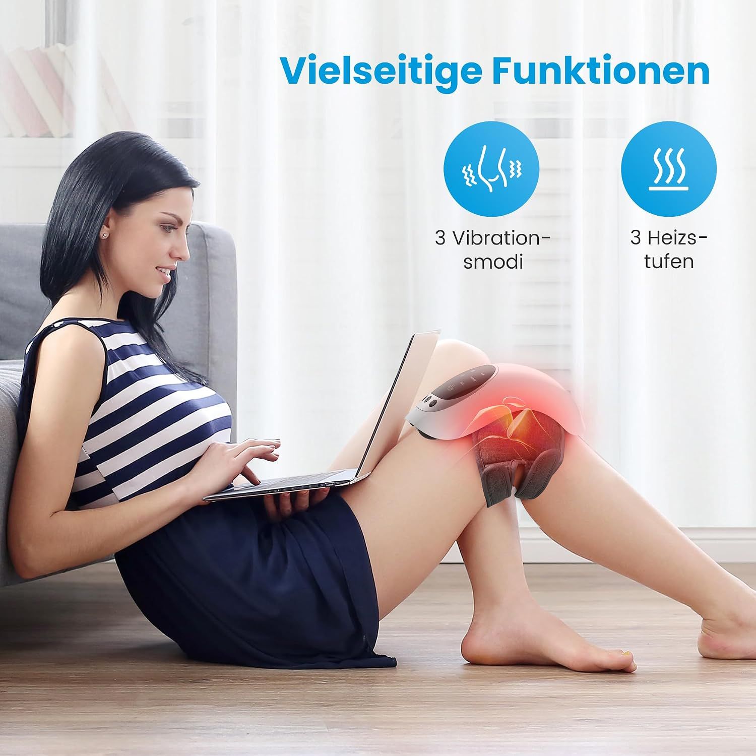 Frau mit Kniebandage, die auf einem Laptop tippt. Anzeige von Vibrations- und Heizmodi.