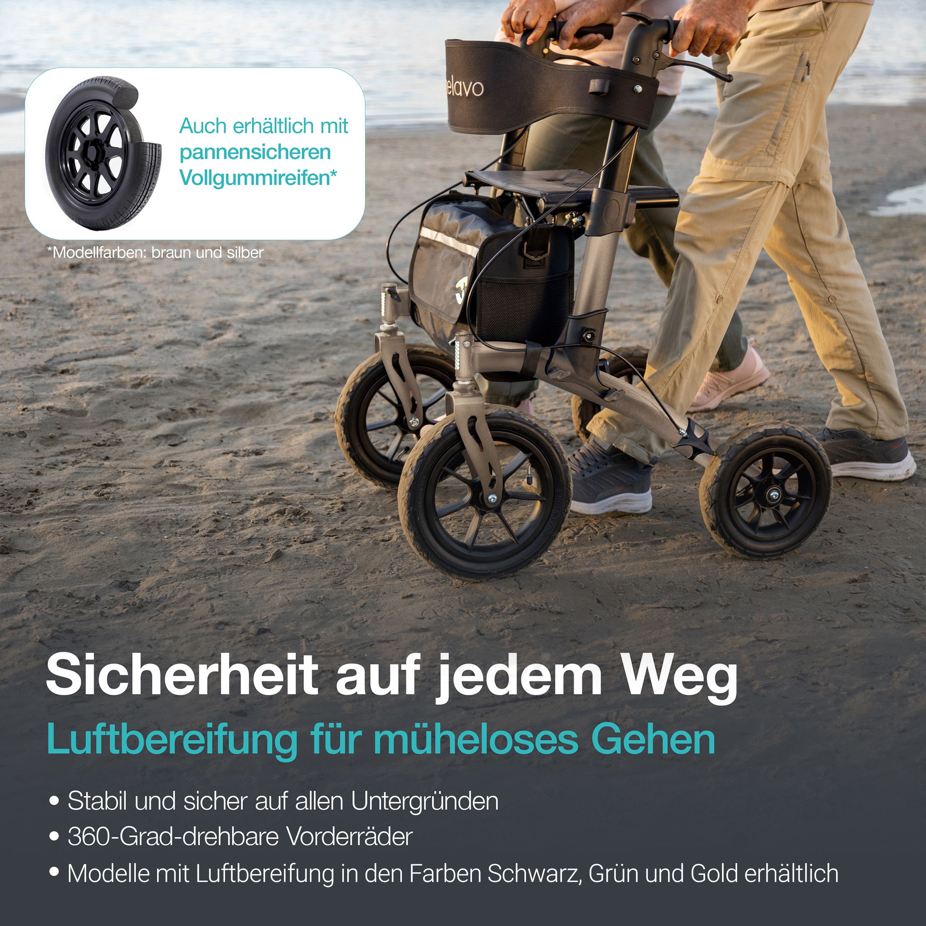Helavo Outdoor Rollator mit Luftbereifung faltbar mit Sitz und Rueckenlehne