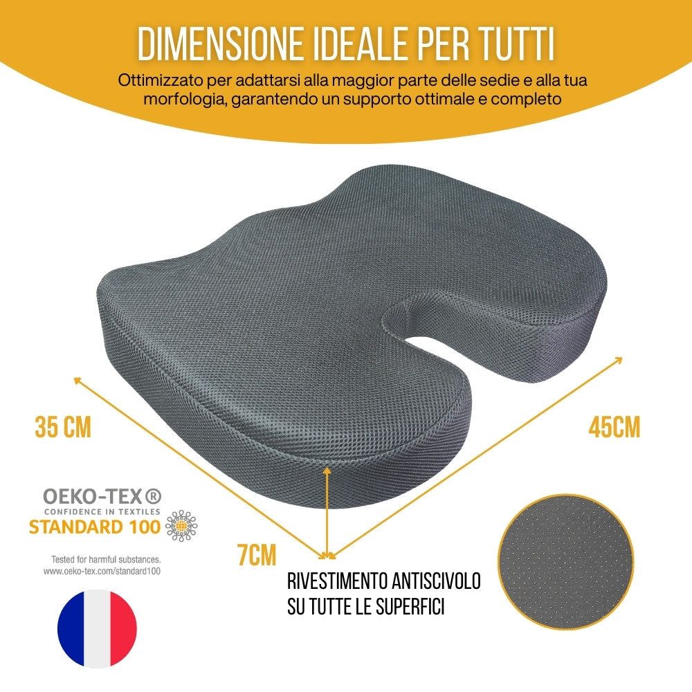 Cuscino a forma di U. Cuscino grigio ergonomico con aree colorate. Per coccige, fianchi e sciatica.