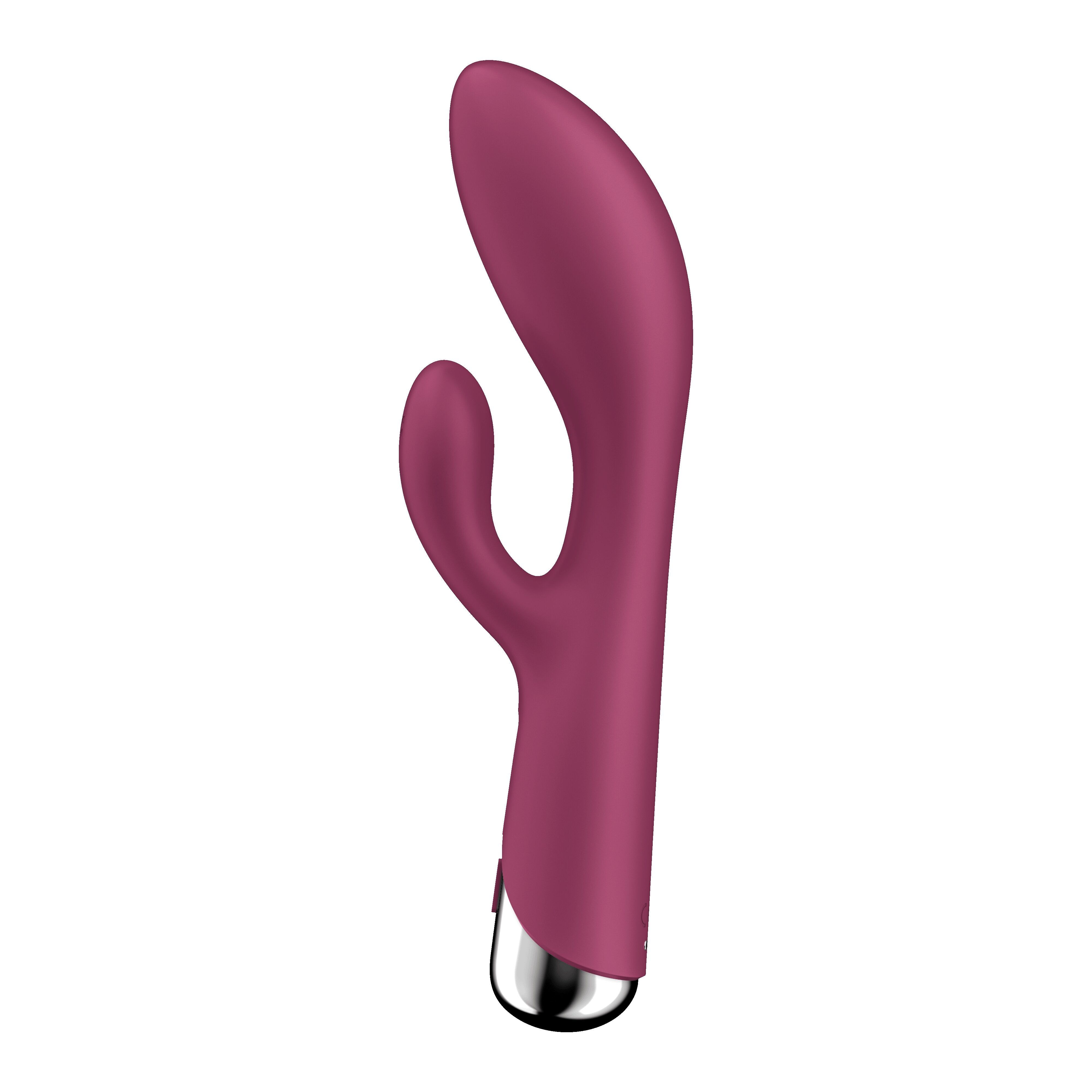 Burgunderfarbener Vibrator mit gebogenem Schaft und silberfarbener Basis.