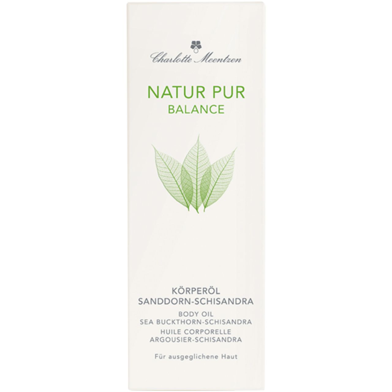 Verpackung für Körperöl. Aufschrift: Natur Pur Balance, Sanddorn-Schisandra. Marke: Charlotte Meentzen. Mit grünen Blättern.