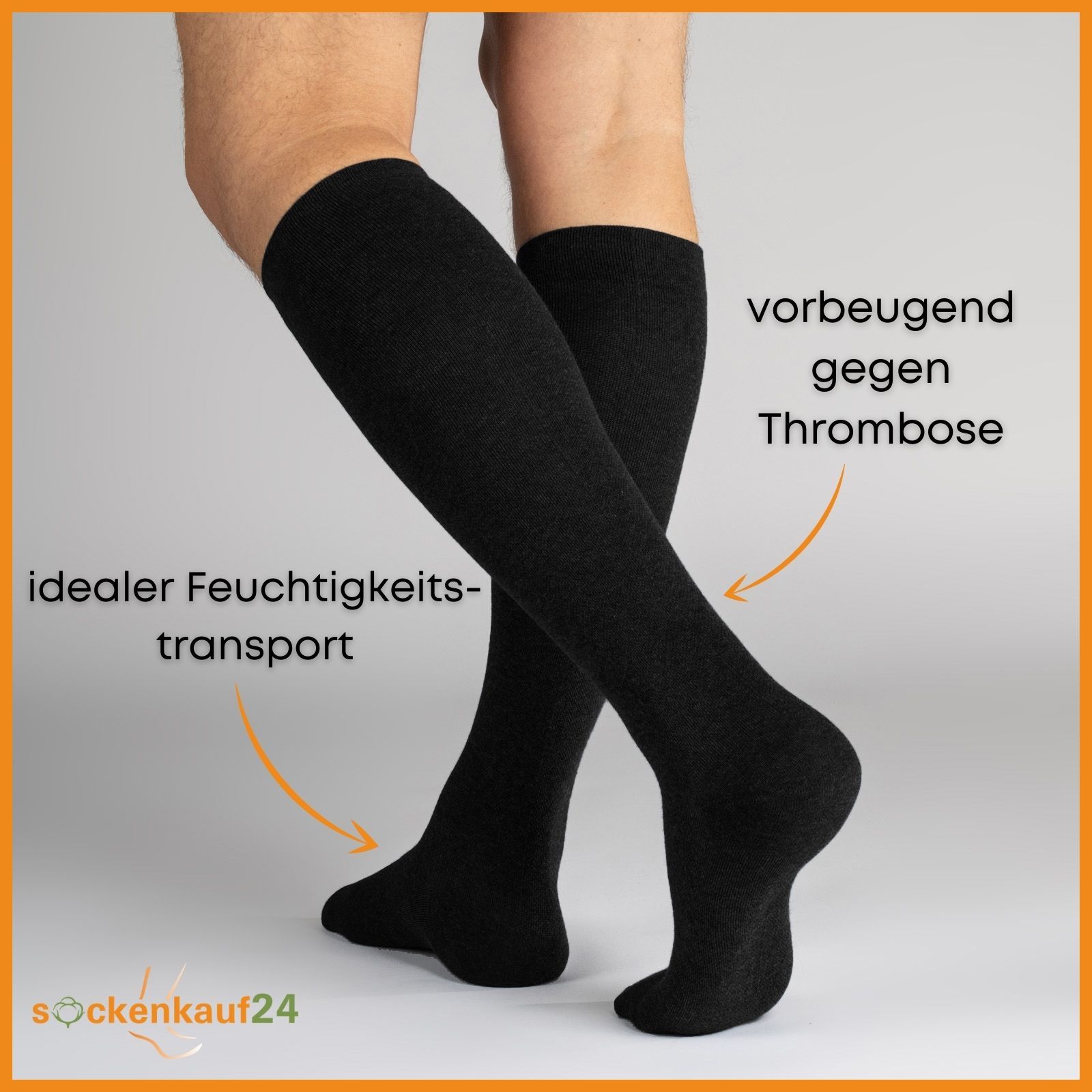 Person trägt schwarze Kniestrümpfe. Pfeile zeigen auf idealen Feuchtigkeitstransport und Thrombosevorbeugung.