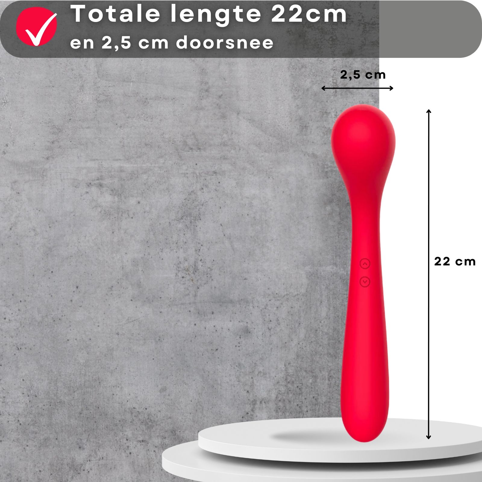 Rode vibrator. 22 cm lang, 2,5 cm diameter. Op wit platform.