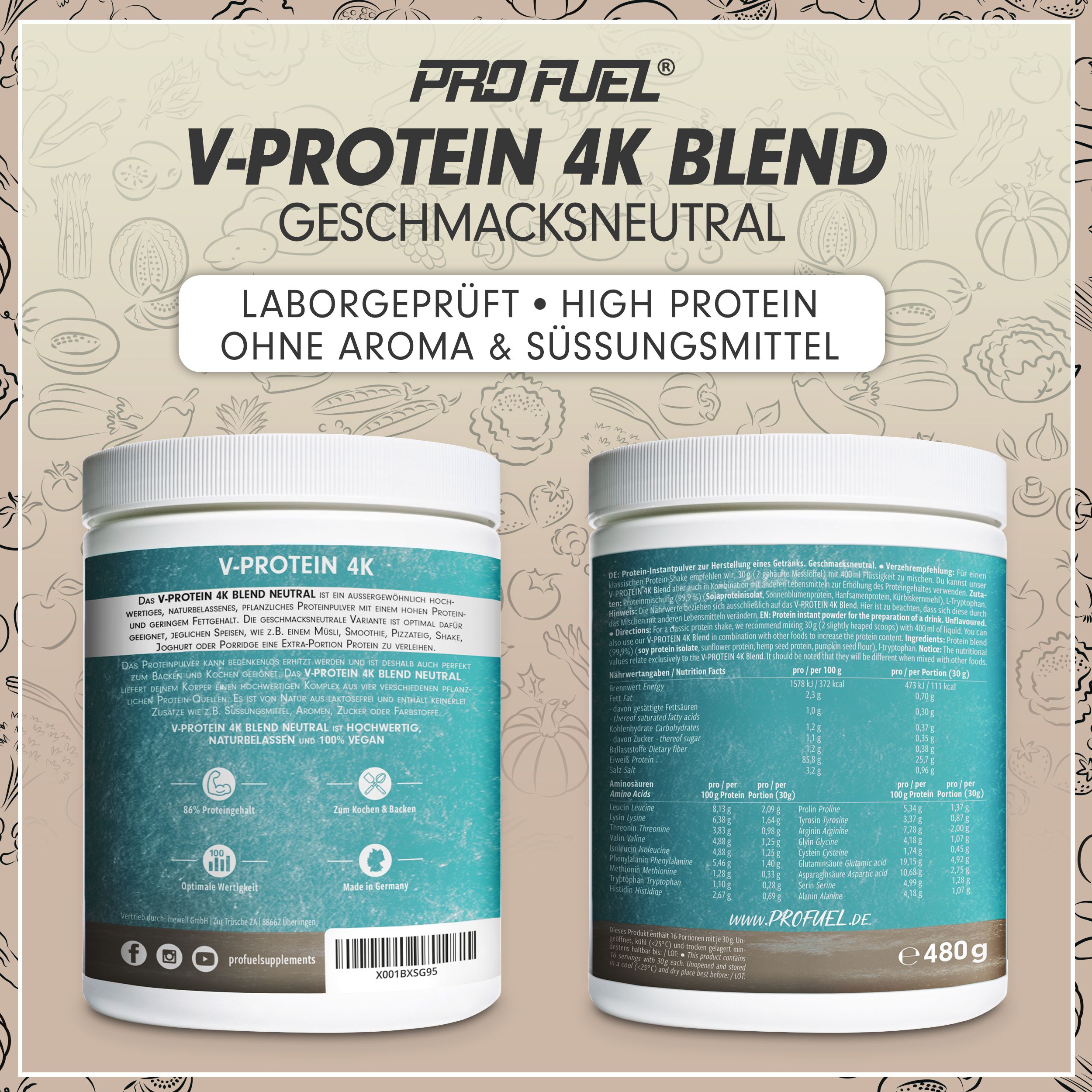Zwei Seiten einer Dose ProFuel V-Protein 4K Blend. Geschmacksneutral. Informationen zu Inhaltsstoffen und Nährwerten. 480g.