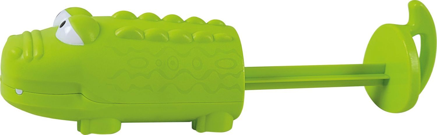 Grüne Wasserspritzpistole in Krokodilform. Seitenansicht mit herausgezogenem Spritzmechanismus.